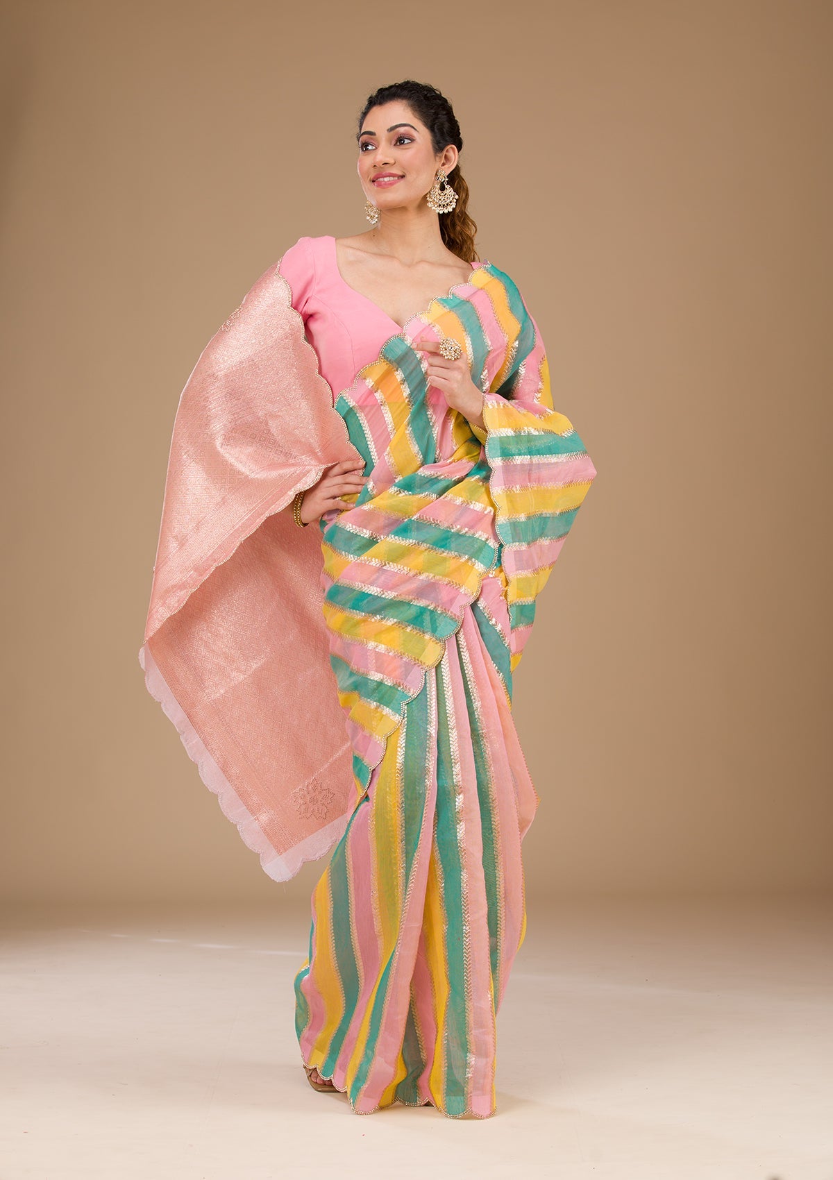 Koskii Onion Pink Zariwork Tissue Saree – Women's