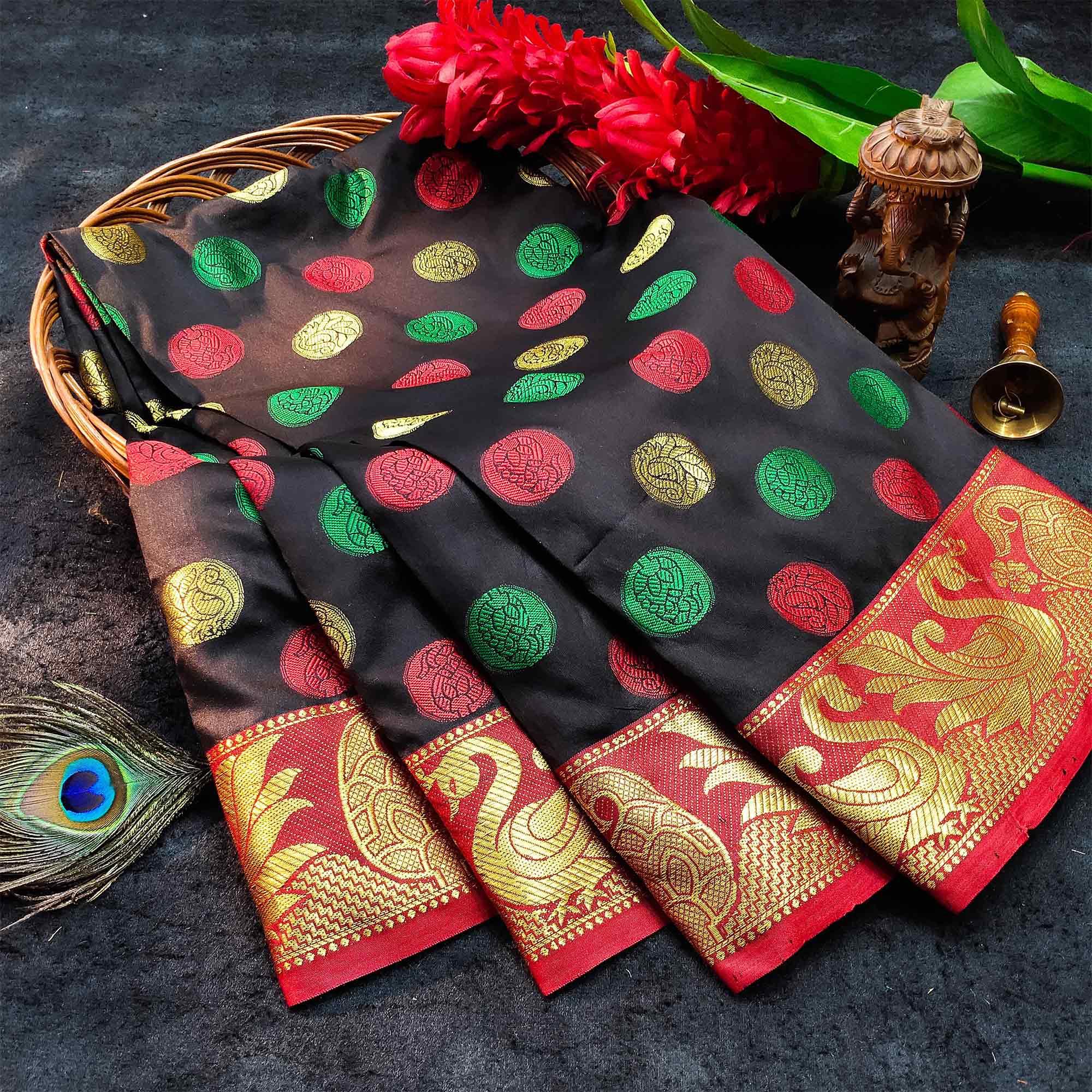 Peachmode Gleaming Black Colored Festive Wear Woven Kanjivaram Silk Saree