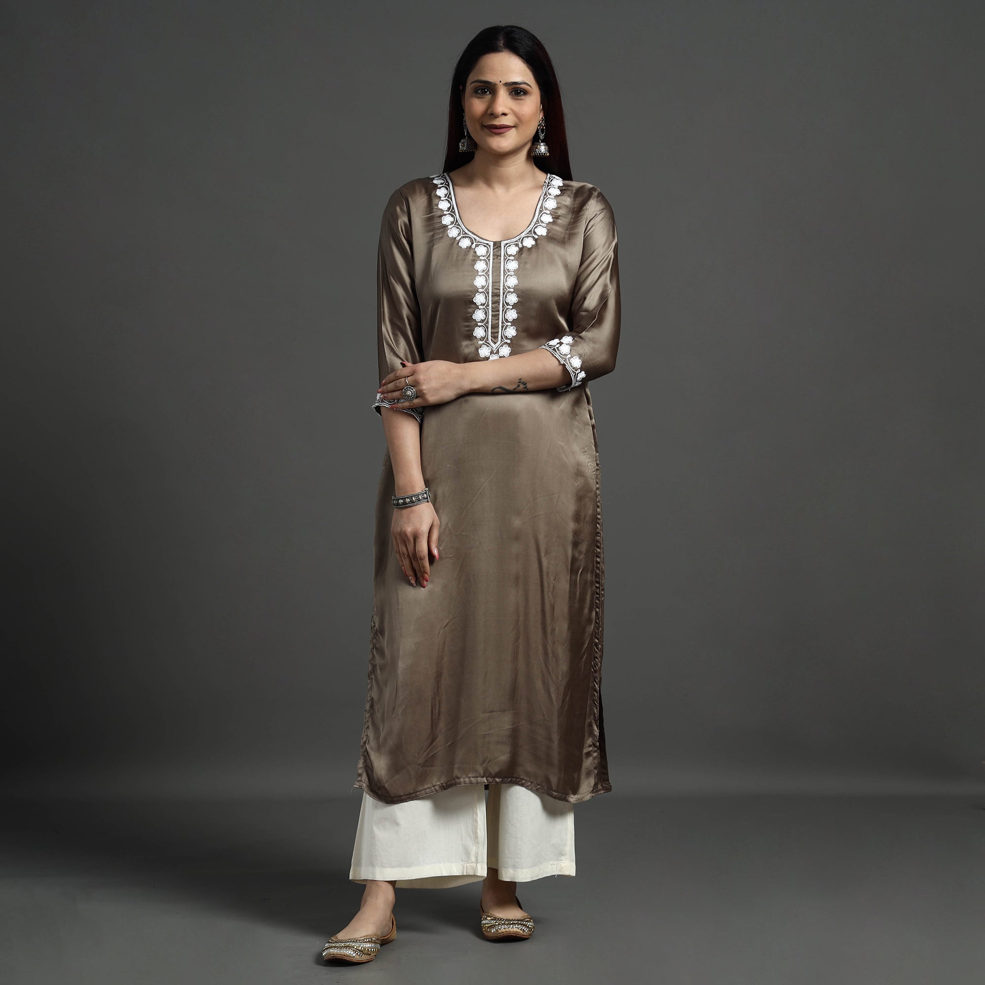 ITOKRI CASUALS Brown - Modal Silk Noori Hand Embroidery Long Straight Kurta - view 2