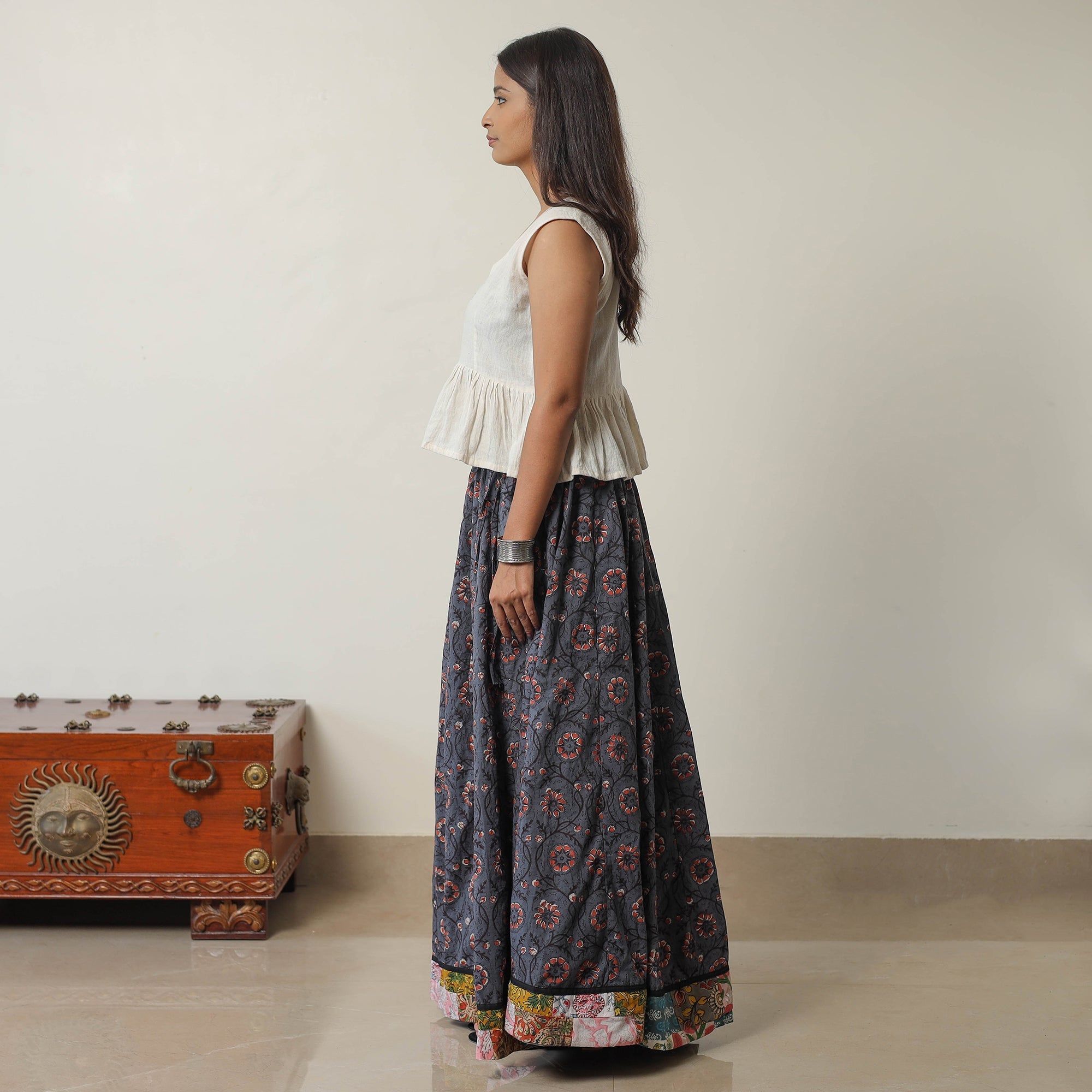 NOORI BAZAR Blue - Bagru Block Printed 24 Kali Patchwork Cotton Long Skirt 17 - view 4