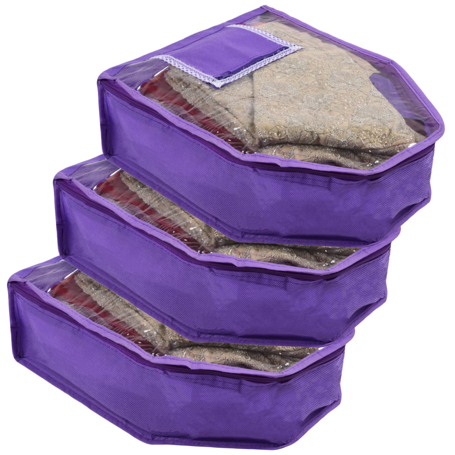 Blouse cover non – Kuber Industries Blouse Cover | Non Woven Foldable Wardrobe Organizer For Woman | Cloth Organizer Top Transparent & One Small Pocket | Pack of 3 | Pur