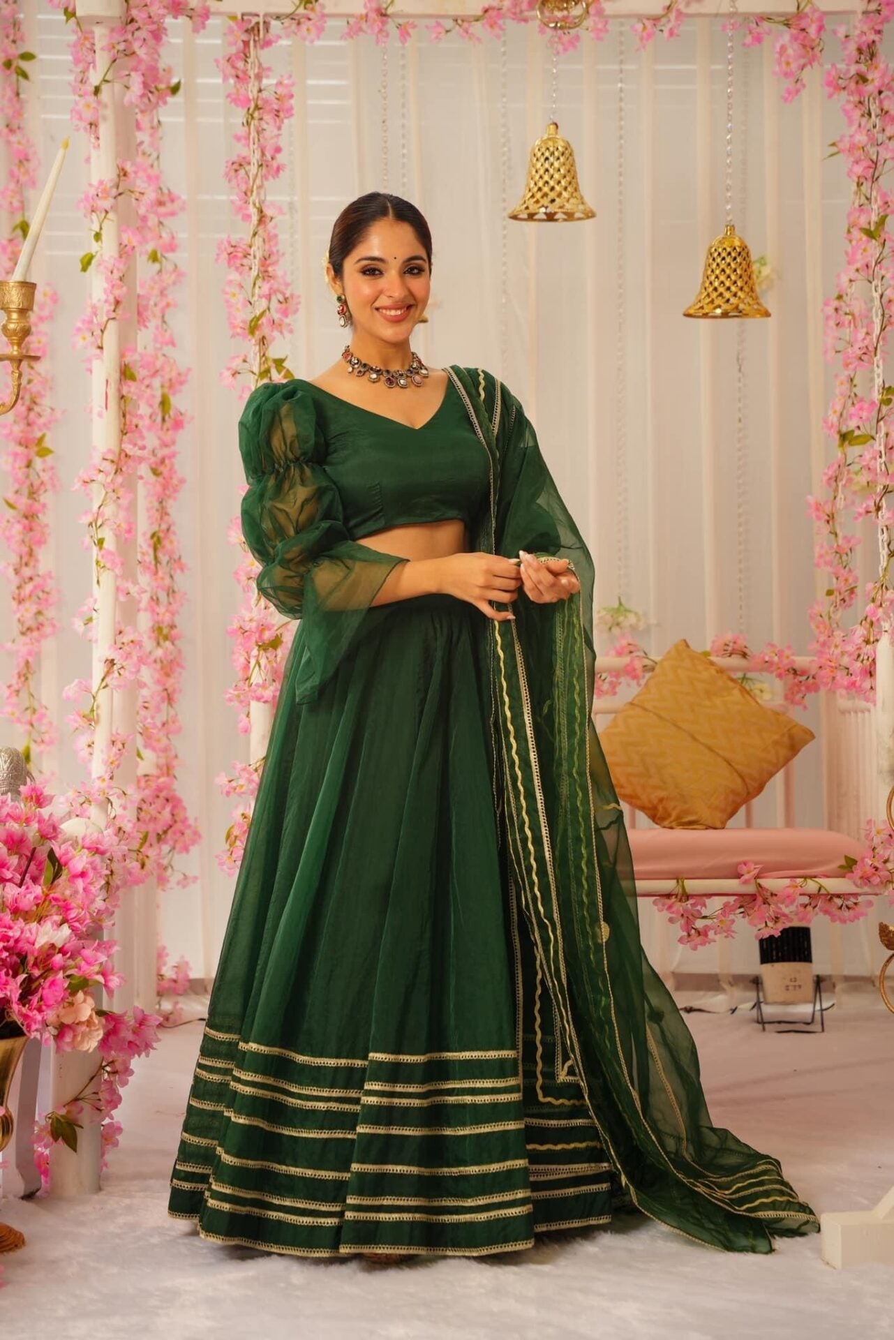 Idaho-o Royal green organza lehenga set – Women's - view 3