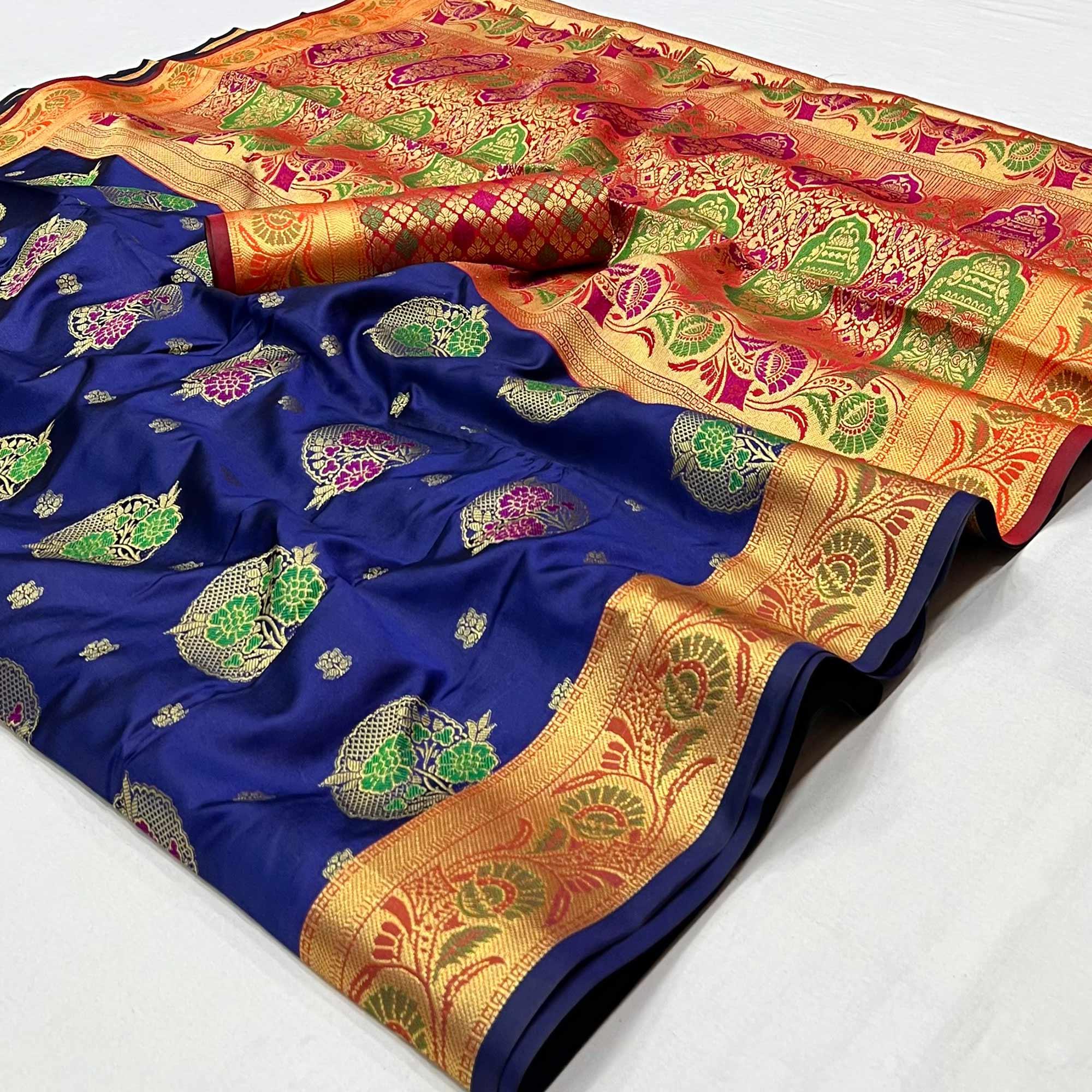 Peachmode Blue Woven Art Silk Saree – Women's