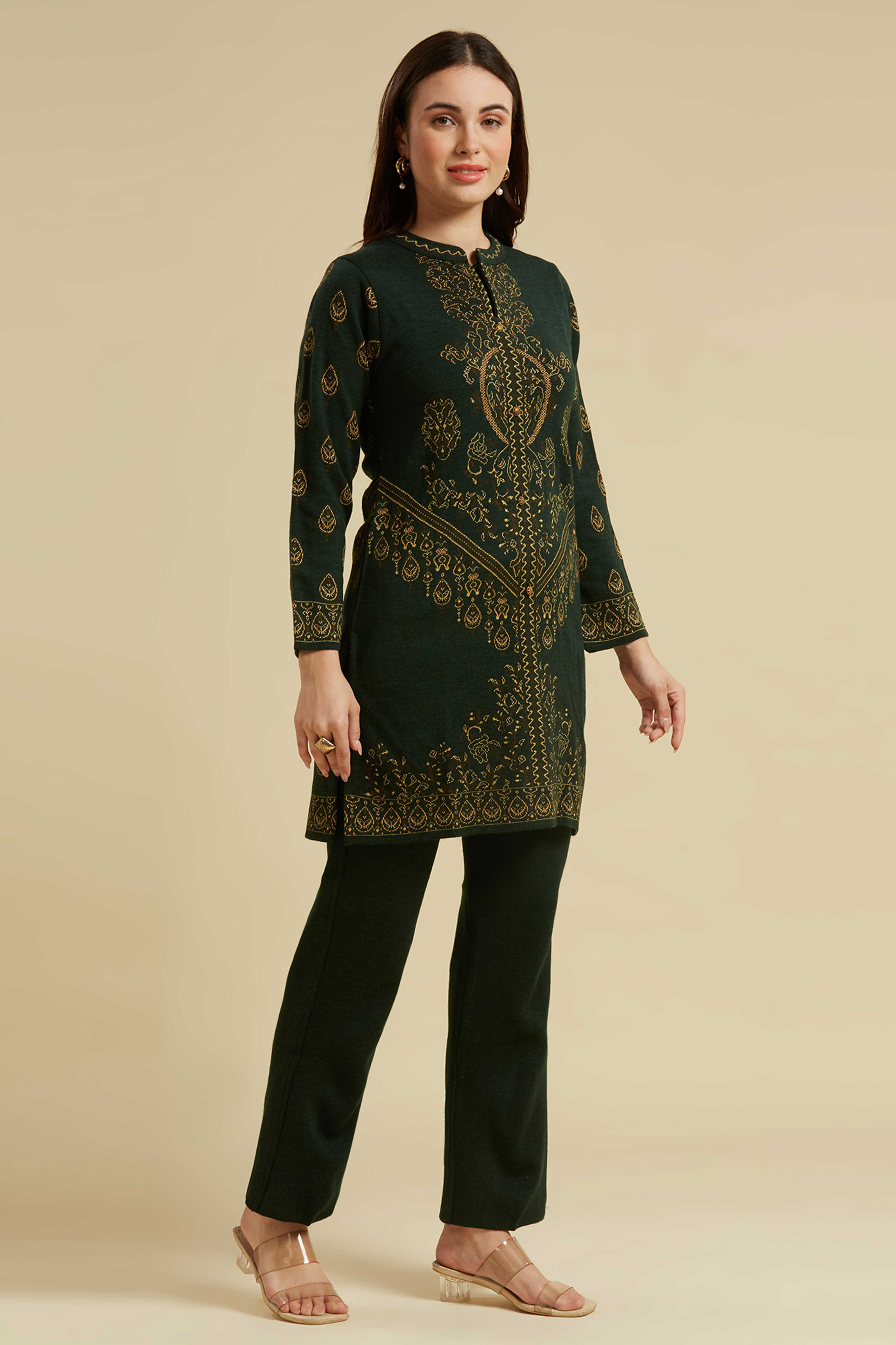 Peachmode Bottle Green Woven Woolen Straight Top Bottom Set - view 4