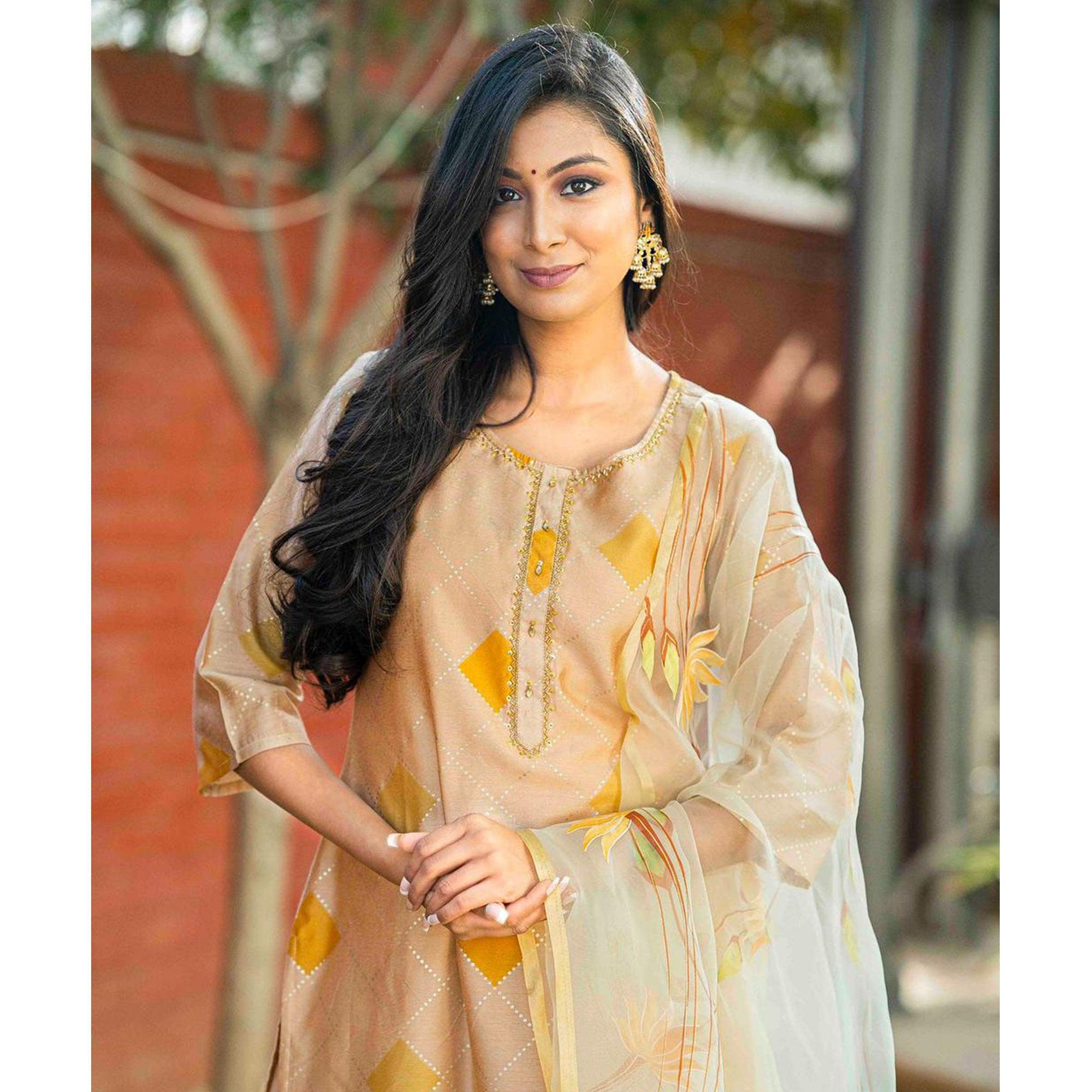 Peachmode Cream Partywear Printed Cotton Silk Kurti Pant Set With Dupatta - view 6