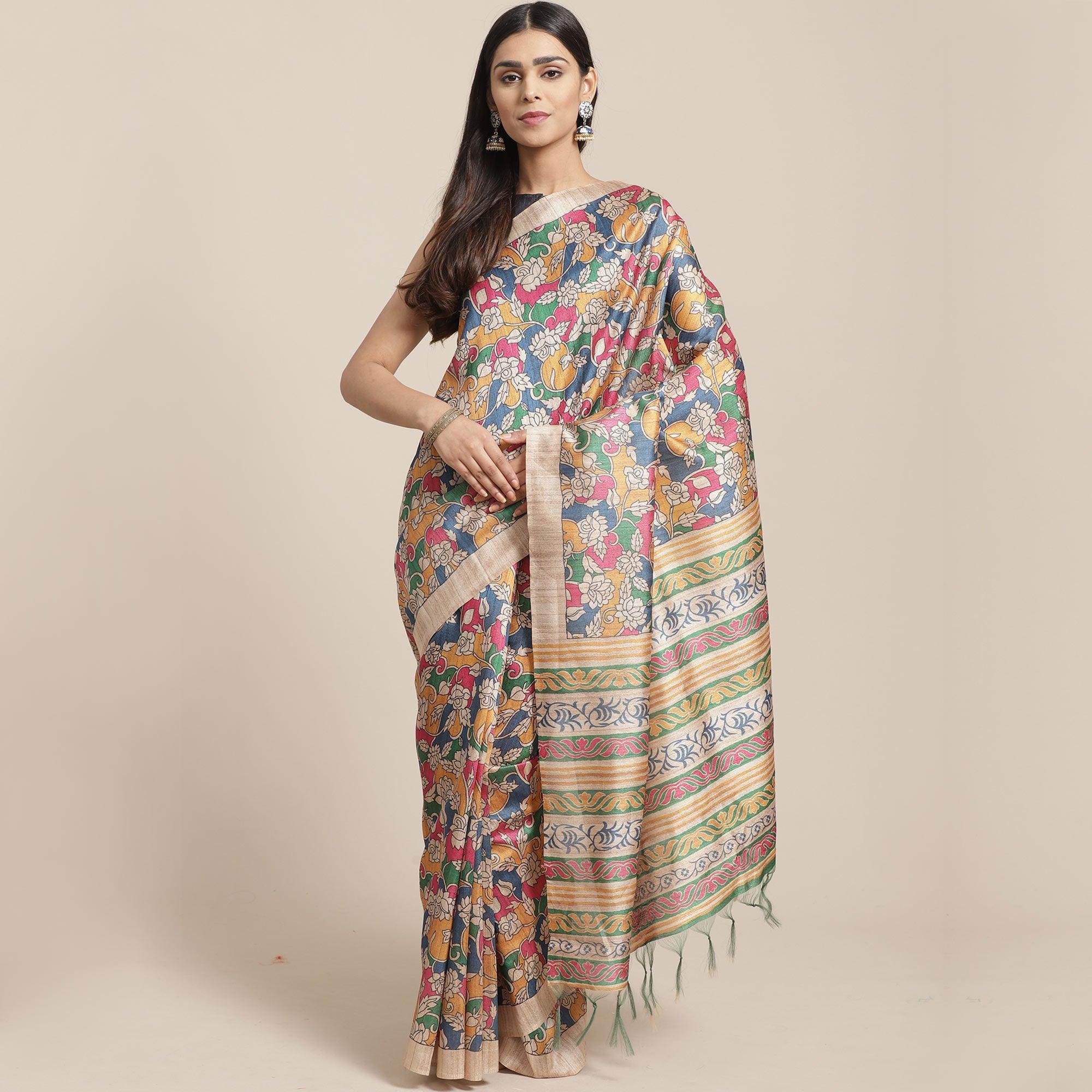 Peachmode Exceptional Beige-Multi Colored Casual Wear Floral Printed Silk Blend Saree With Tassels