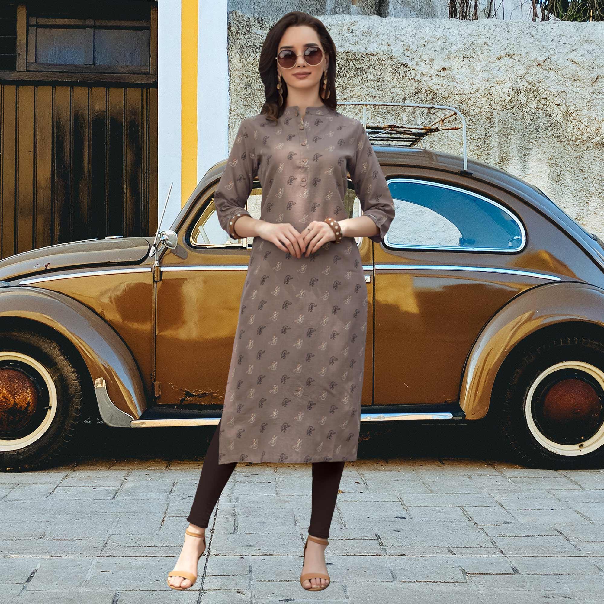 Peachmode Seller Grey Printed Cotton Blend Kurti - view 2