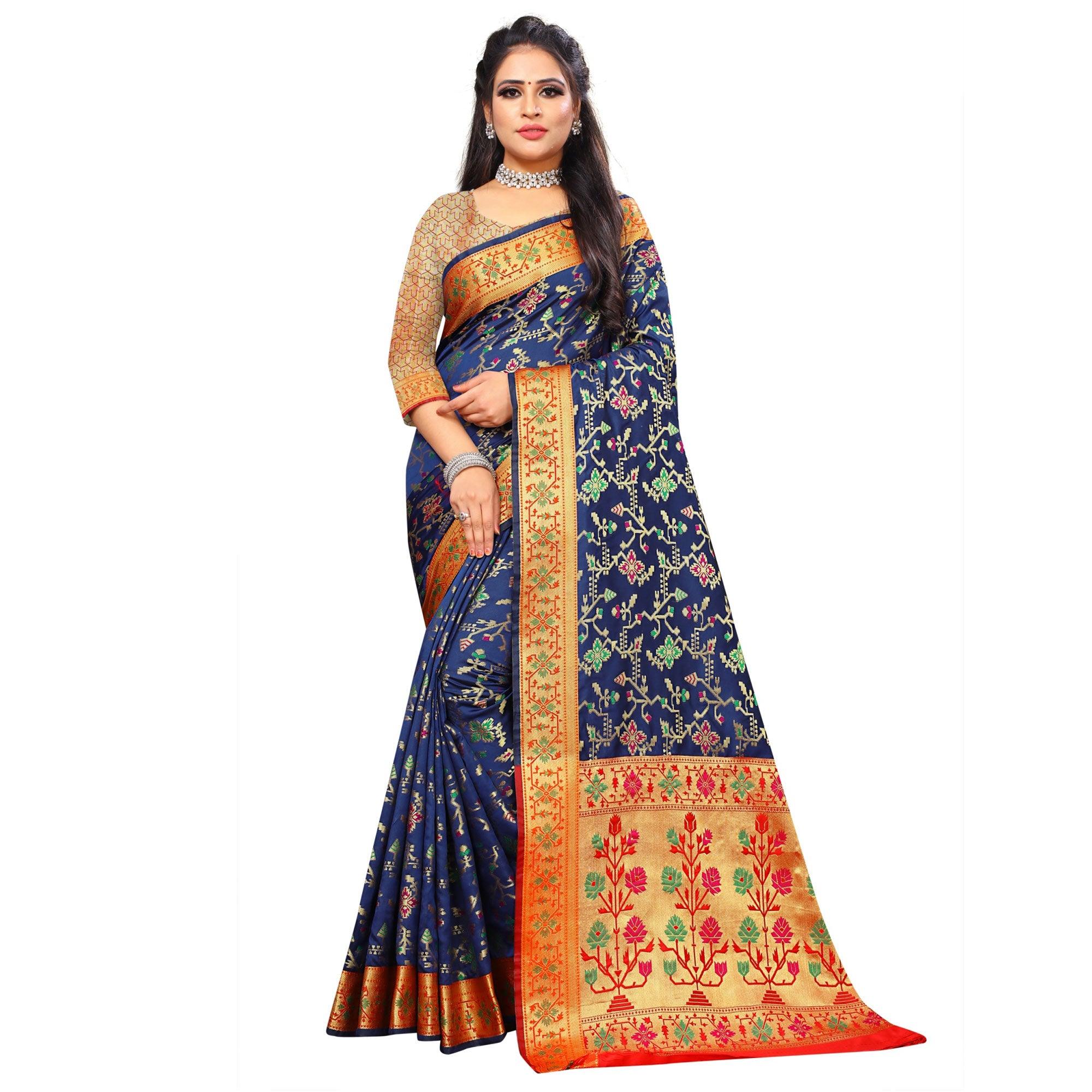 Peachmode Eye-catching Blue Colored Festive Wear Woven Silk Saree