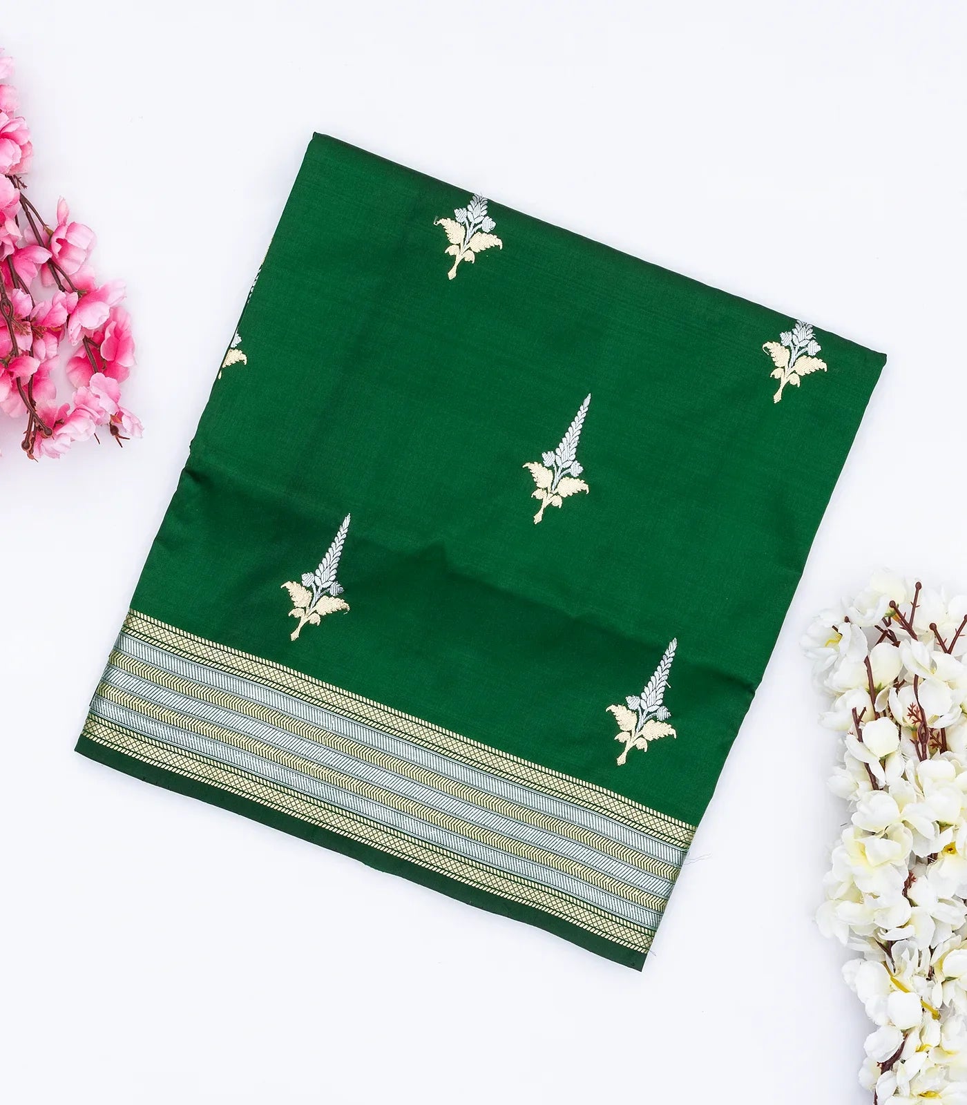 RmKV Dark Green Handloom Banarasi Silk Saree With Floral Buttas