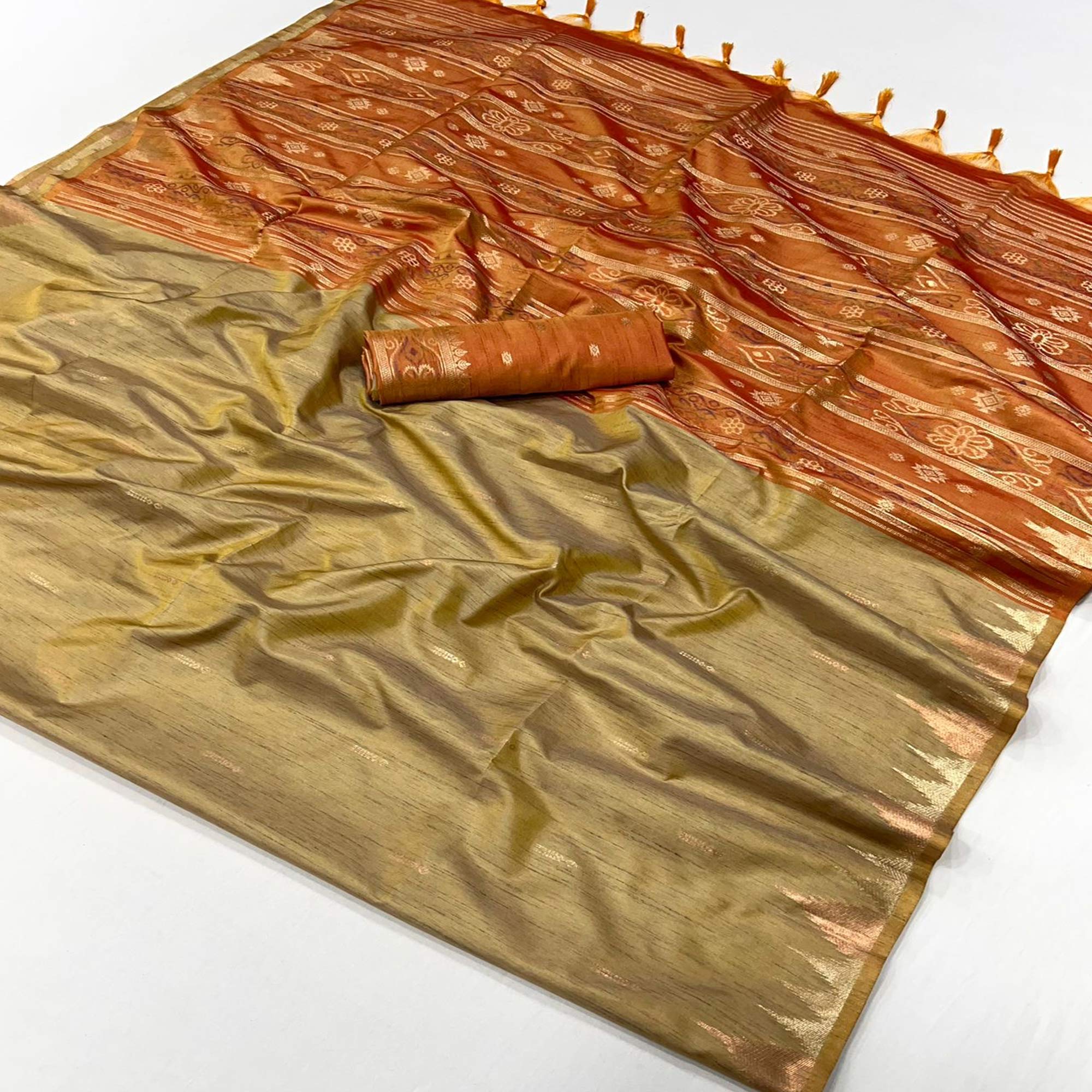 Peachmode Chikoo Zari Work Woven Tussar Silk Saree With Tassels