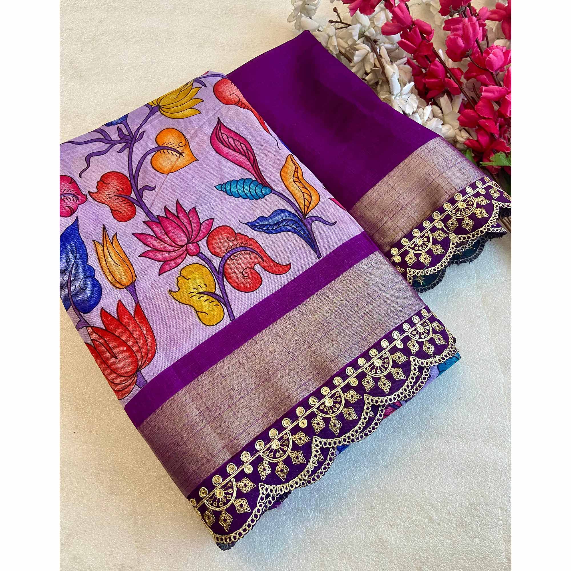 Peachmode Lavender Floral Printed Dola Silk Saree With Sequins Border - view 3