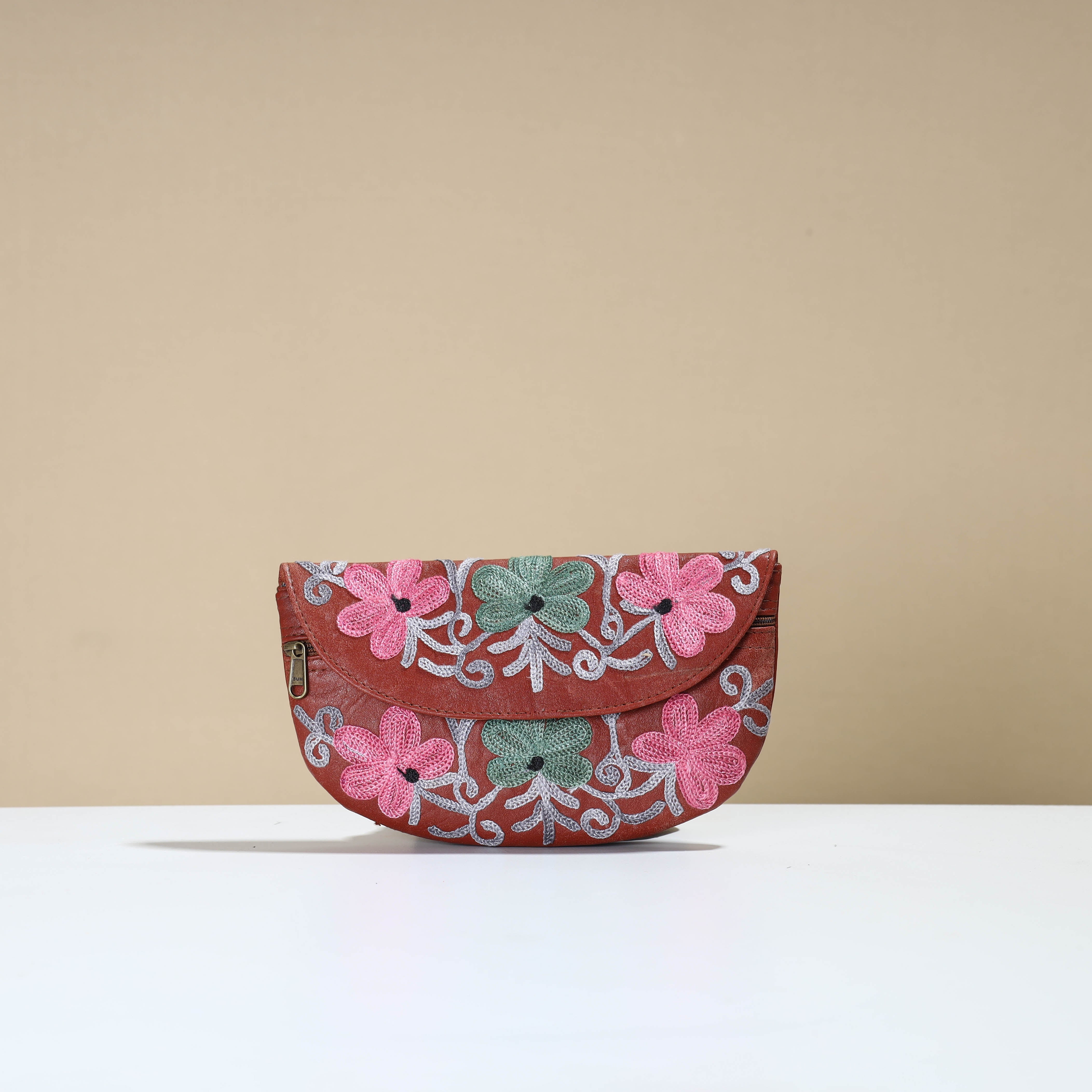 ITOKRI CRAFTS INITIATIVE Brown - Kashmiri Crewel Hand Embroidery Leather Clutch 21