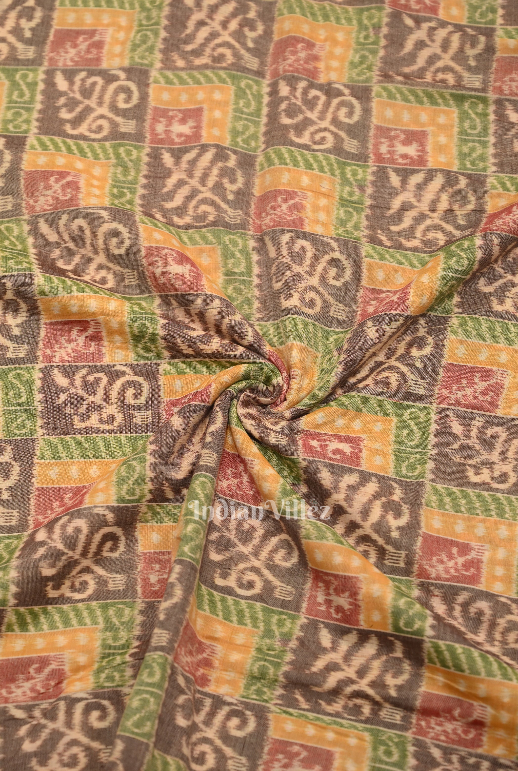 IndianVillèz Cement Gray Coffee Tribal Theme Sambalpuri Ikat Cotton Fabric