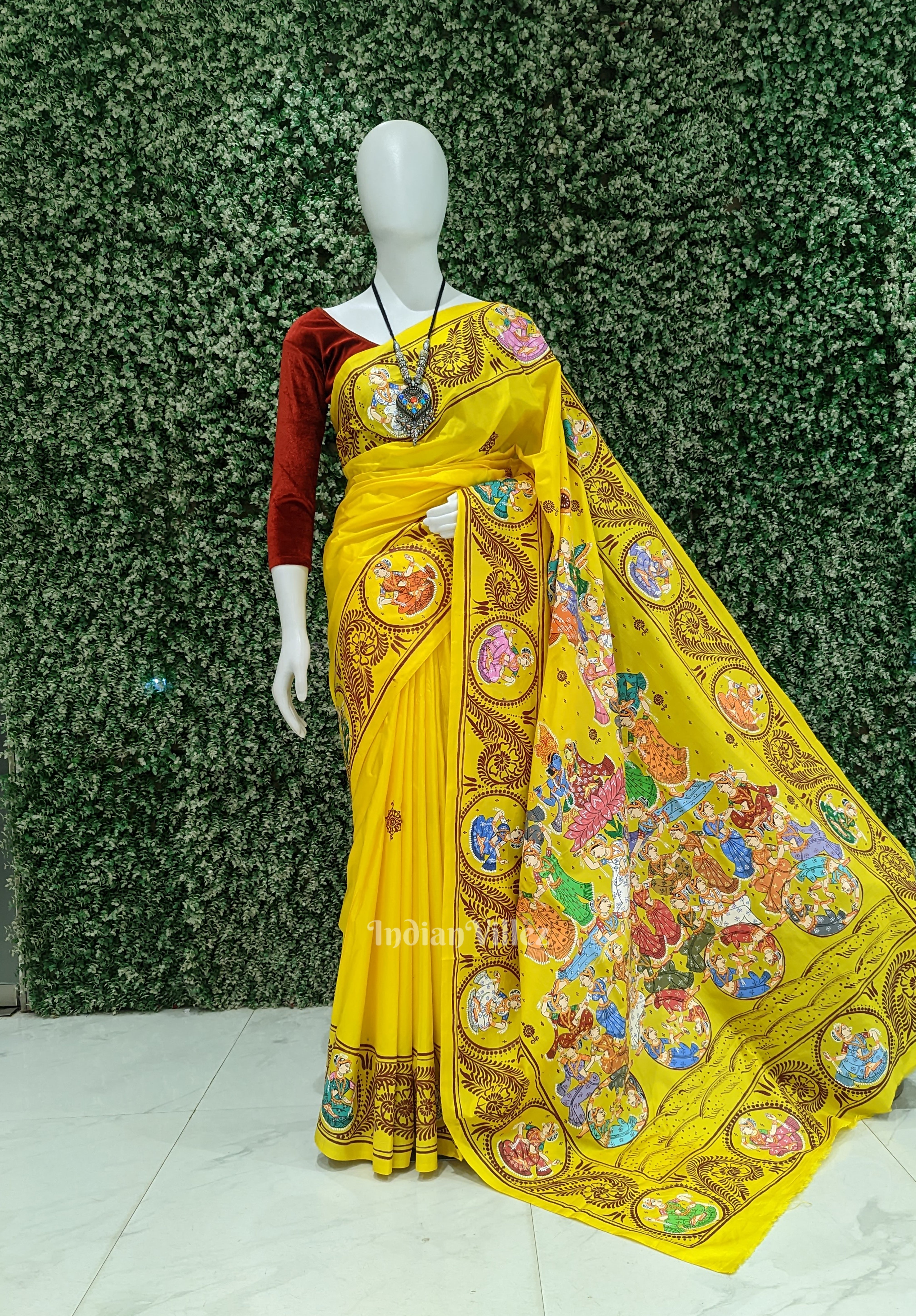 IndianVillèz Yellow Kandarpa Rath Hand-painted Pattachitra Saree