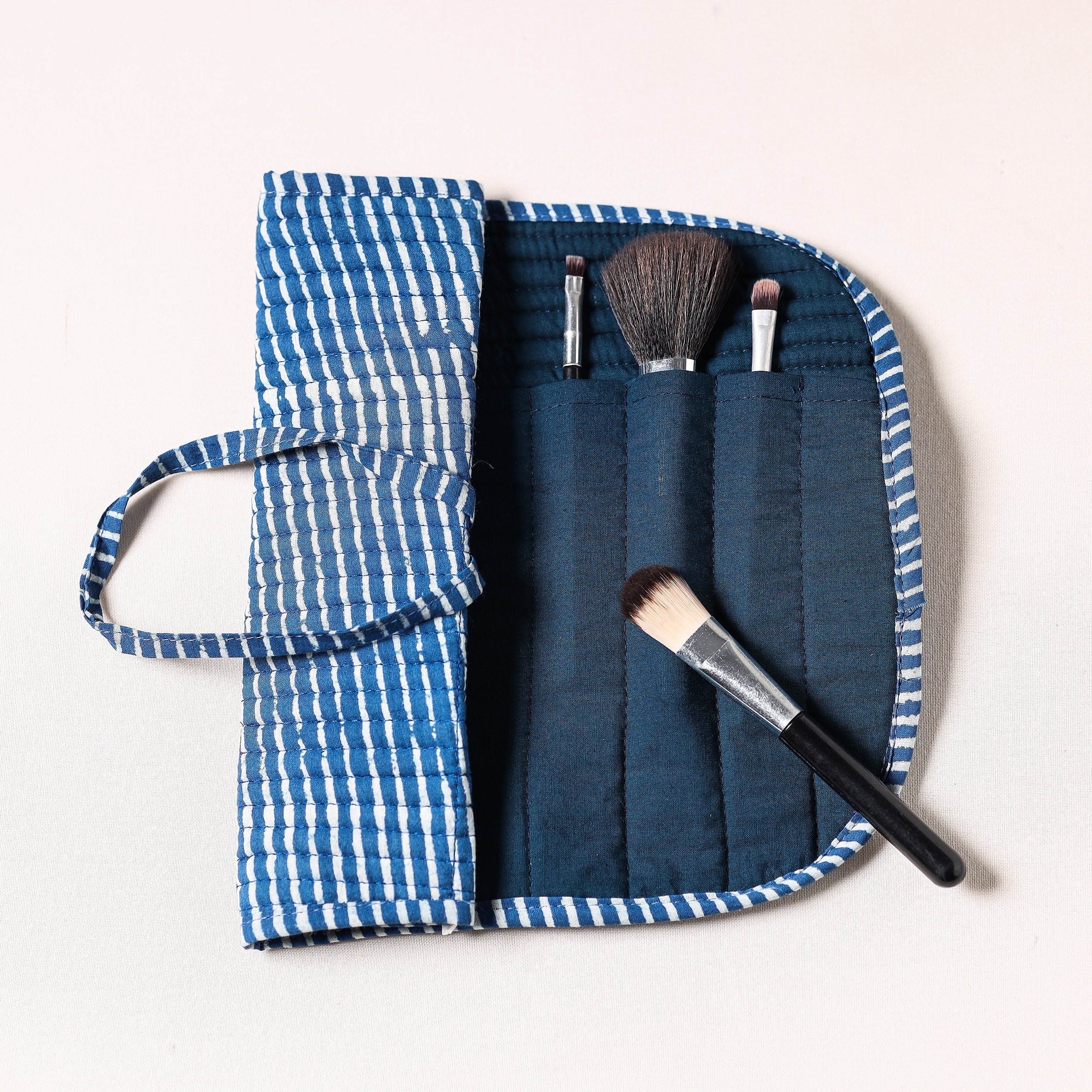 NOORI BAZAR Blue - Bagru Fabric Multipurpose Segmented Make-up Brush Wrap Pouch/Case