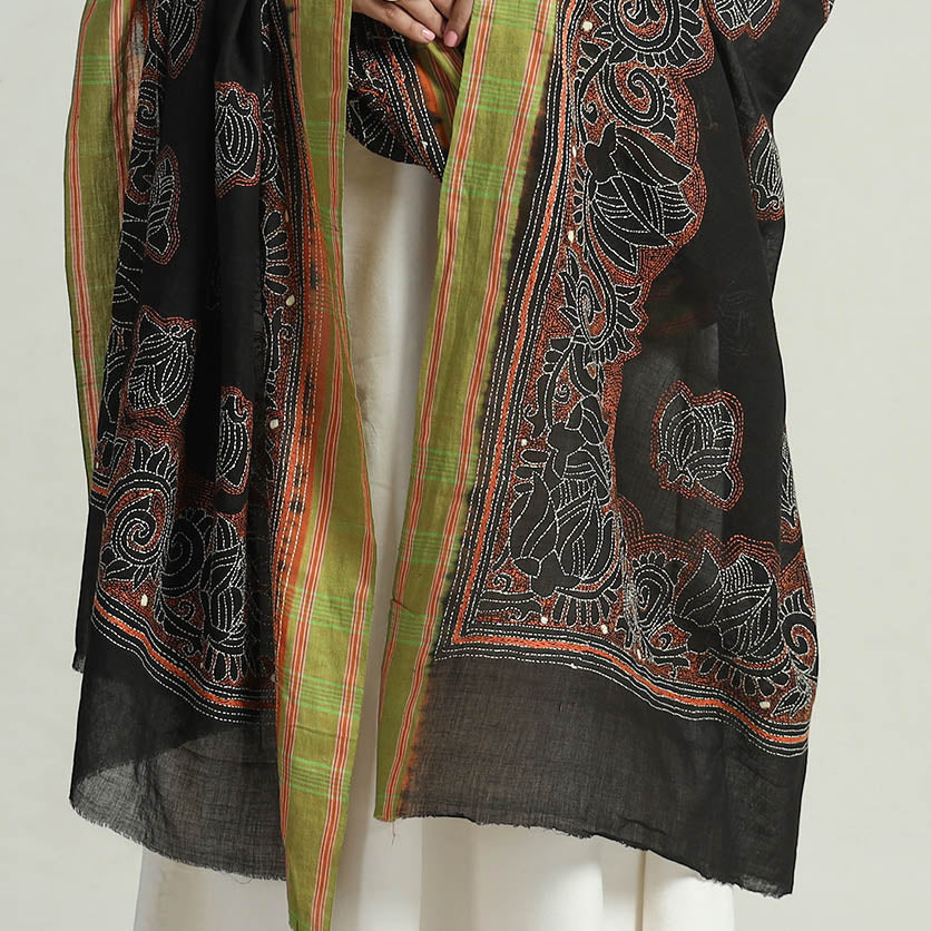 KHUSHBASH - HAPPY LOOM OF EAST Black - Bengal Kantha Embroidery Cotton Handloom Dupatta 110 - view 5