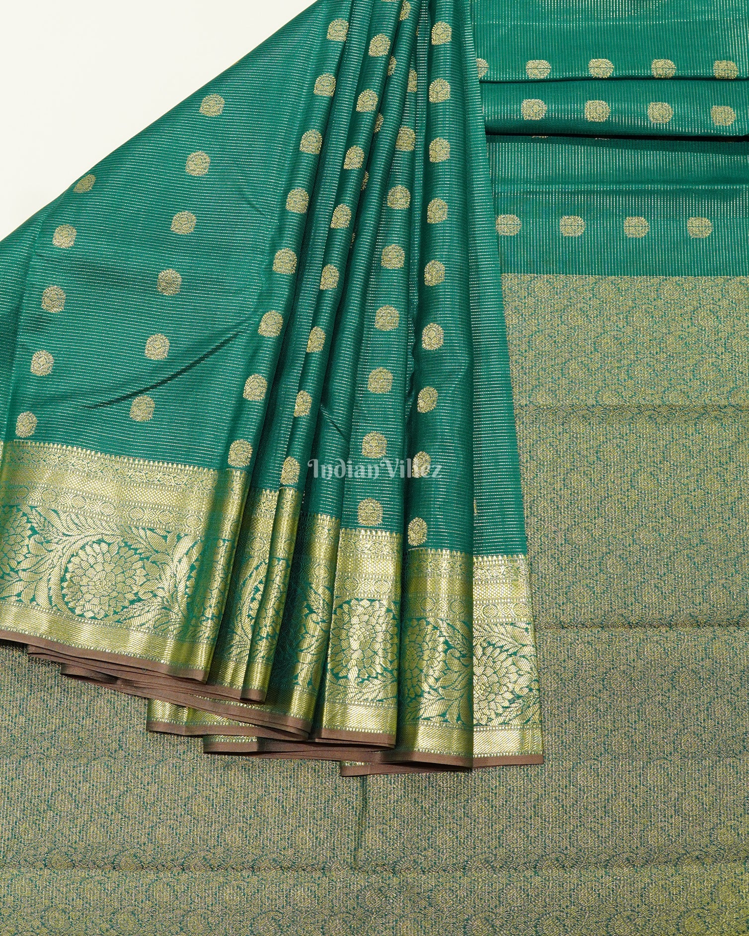 IndianVillèz Teal Green Golden Stripped Pure Kanjivaram Silk Saree