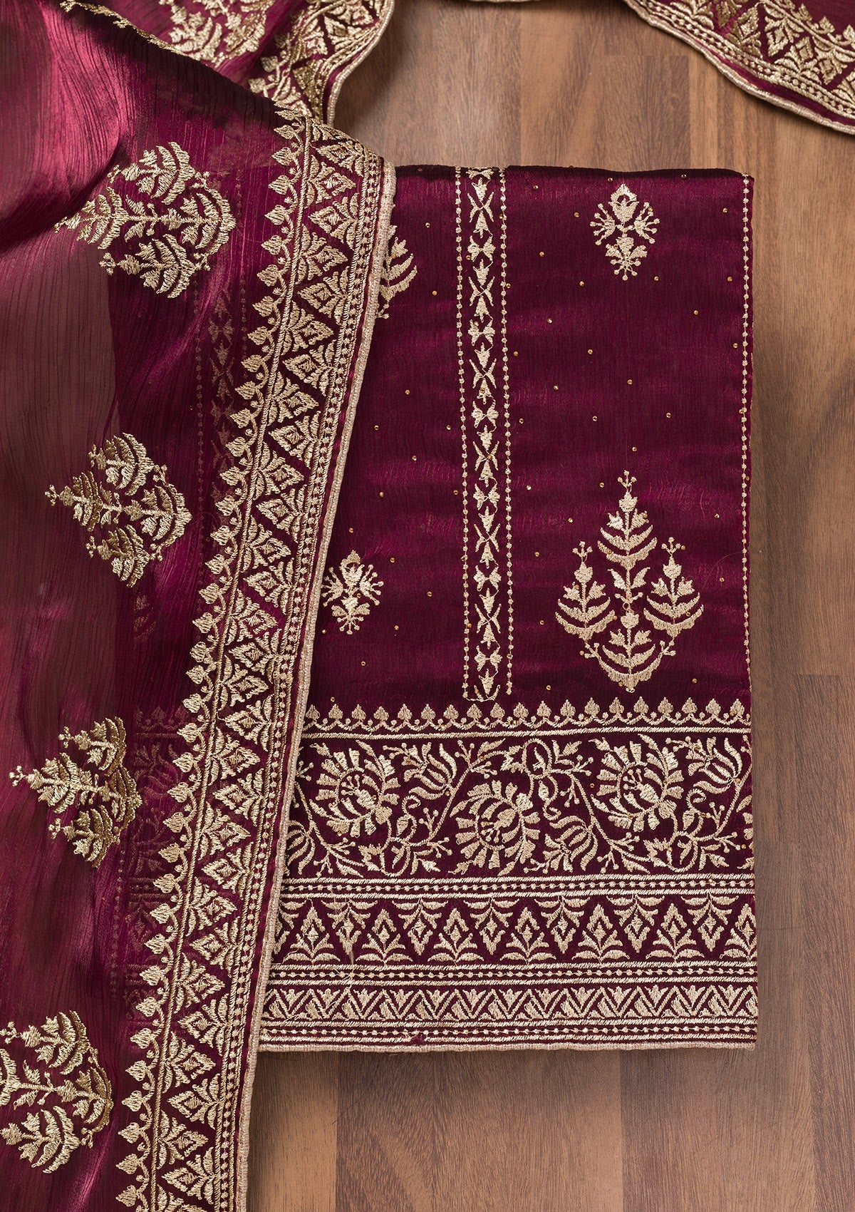 Koskii Wine Zariwork Semi Crepe Unstitched Salwar Suit - view 5