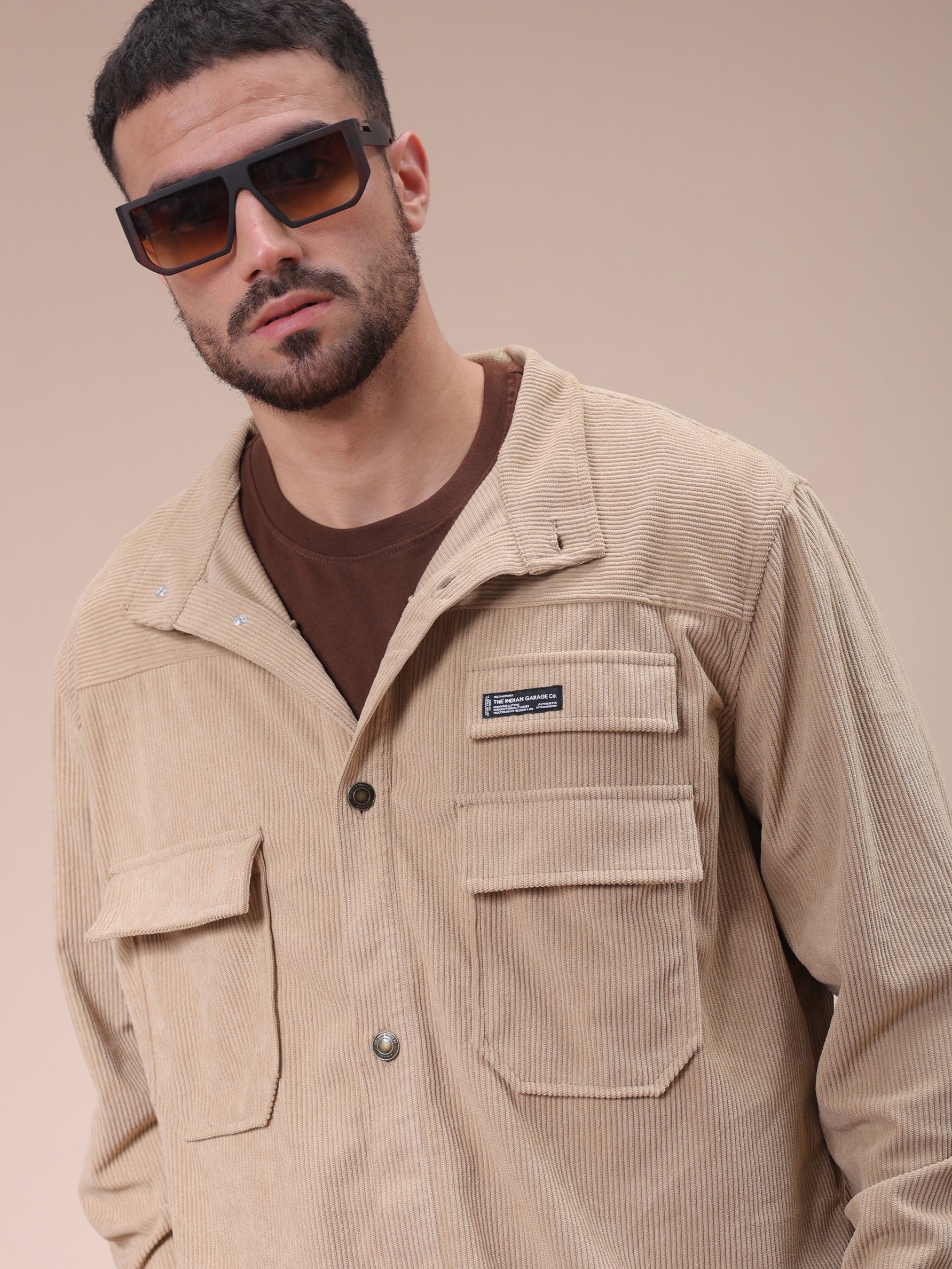 The Indian Garage Co Men's Khaki Relaxed Fit Knitted Corduroy Utility Jacket