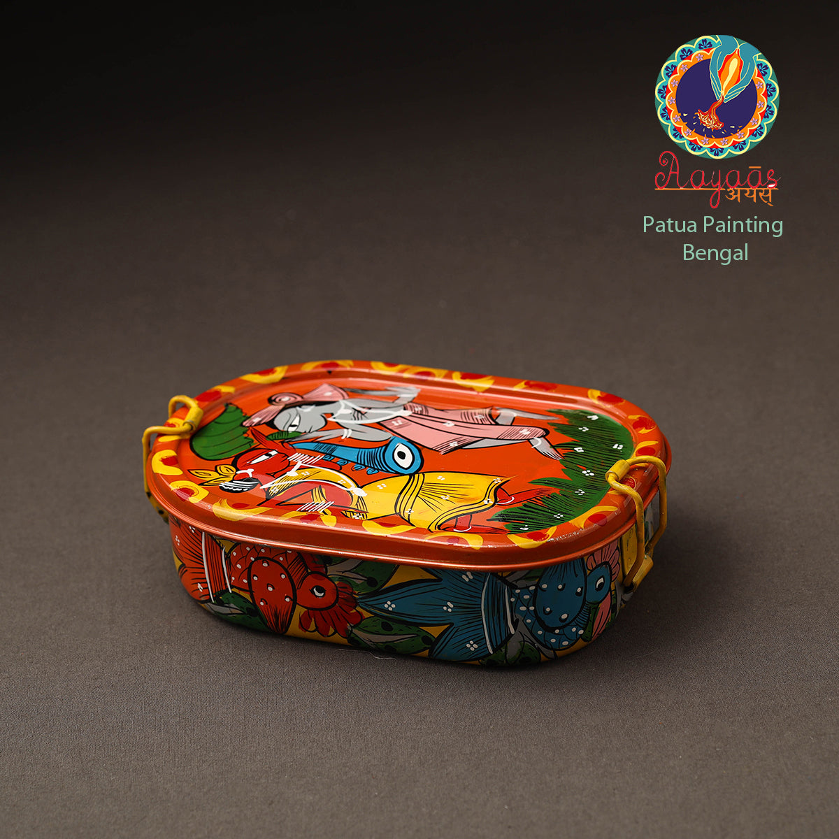 AAYAAS Bengal Patua Handpainted Stainless Steel Rectangle Lunch Box (6 x 4 in)