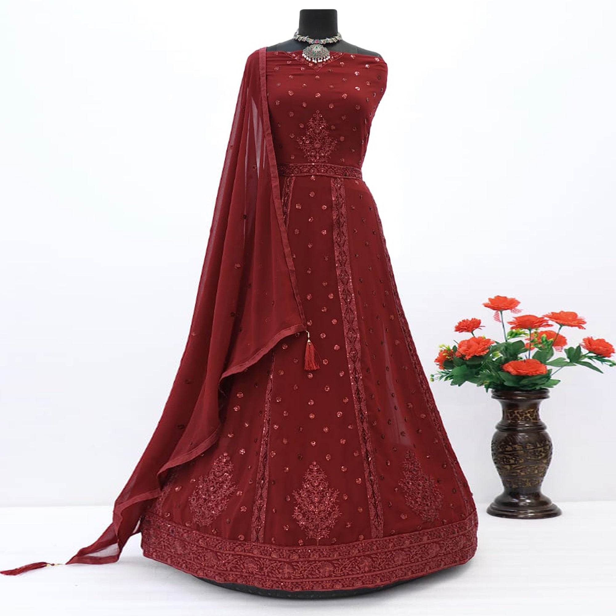 Peachmode Maroon Embroidered Georgette Gown - view 5