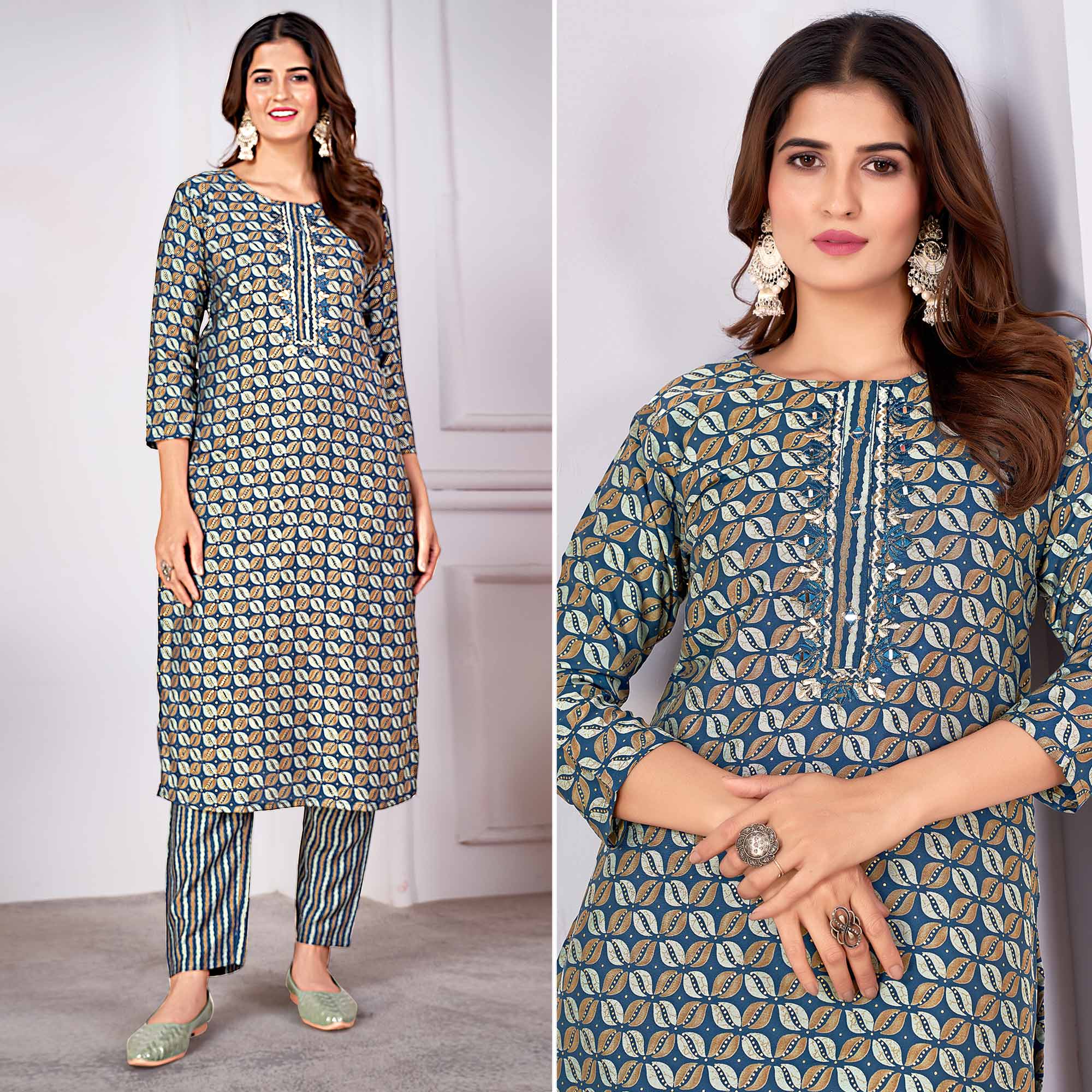 Peachmode Seller Morpich Blue Foil Printed Viscose Straight Kurti Sets