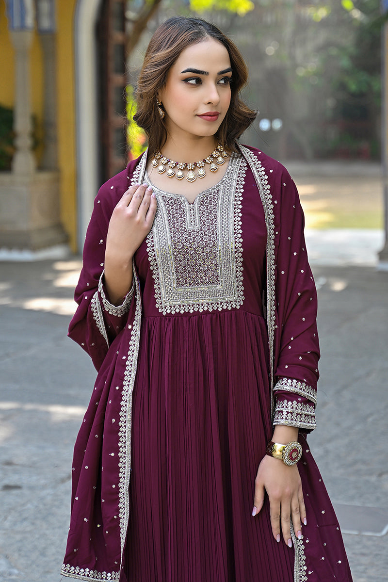 Ahika Plus Size Magenta Georgette Solid Yoke Design Sequinned Anarkali Kurta Dupatta Set VKSET1480 - view 2