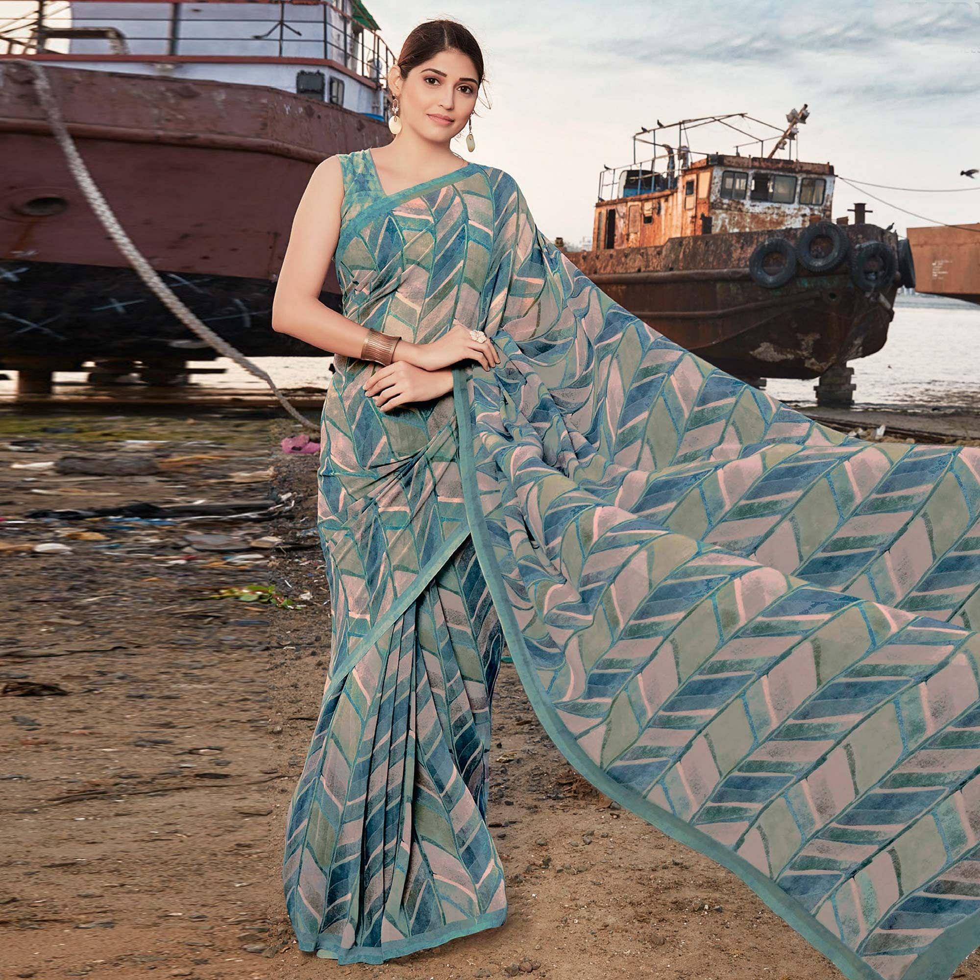 Peachmode Dusty-Blue Shades Festive Wear Floral Printed Georgette Saree