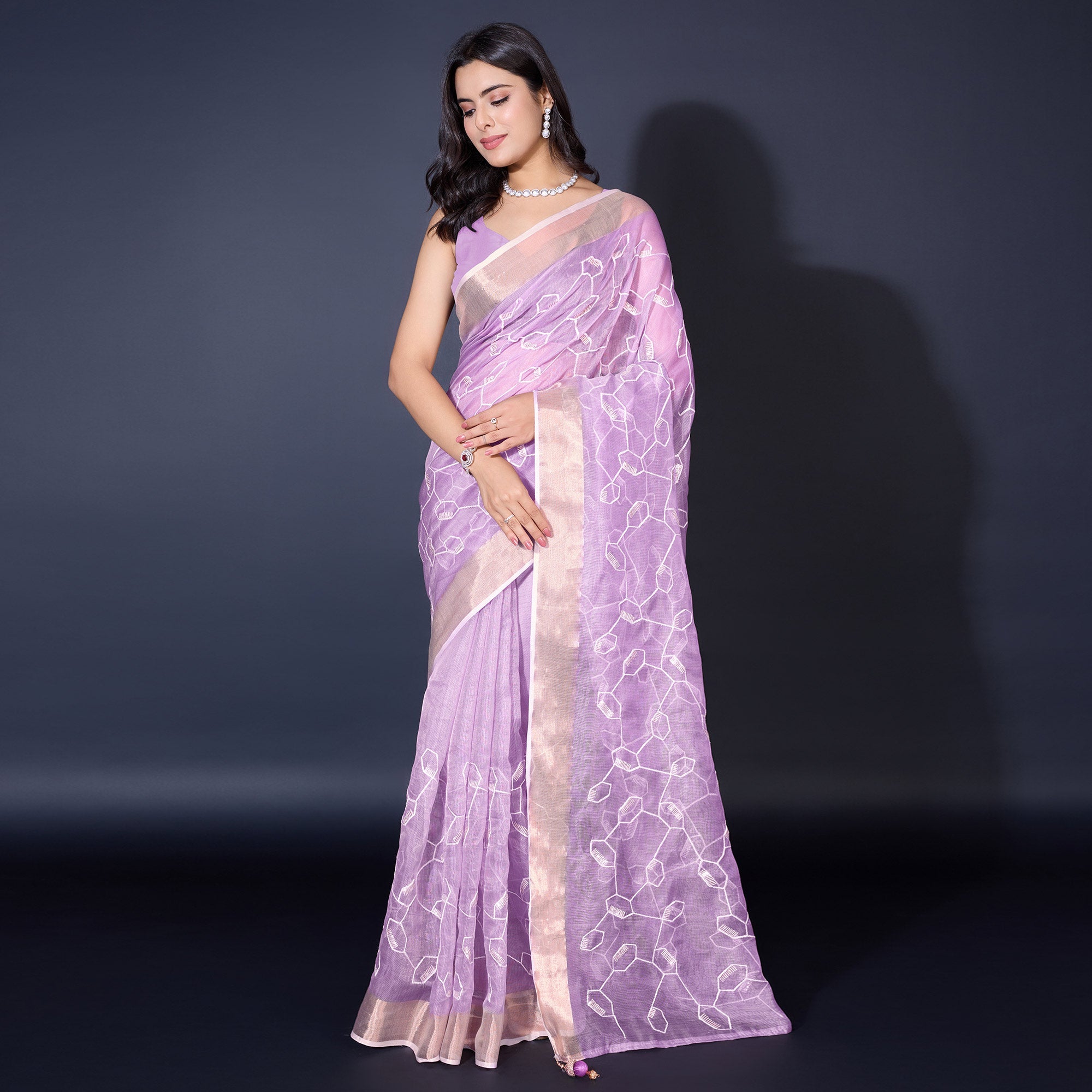 Peachmode Lavender Sequins Embroidered Cotton Silk Saree - view 2