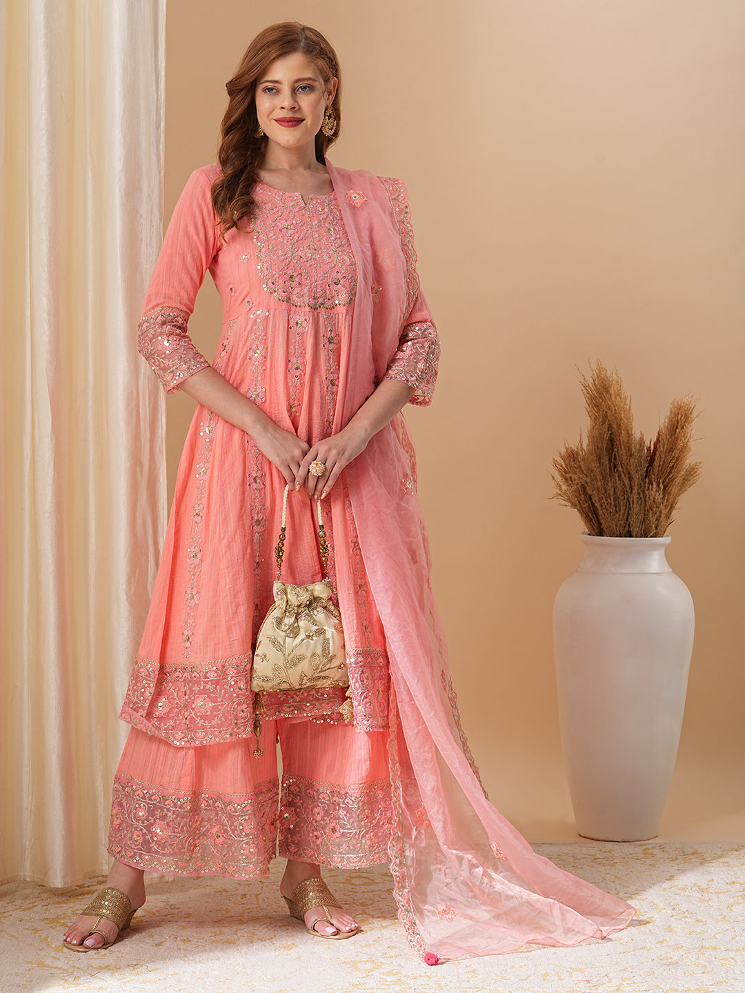 FASHOR Floral Embroidered Anarkali Kurta with Palazzo & Organza Dupatta - Peach - view 2