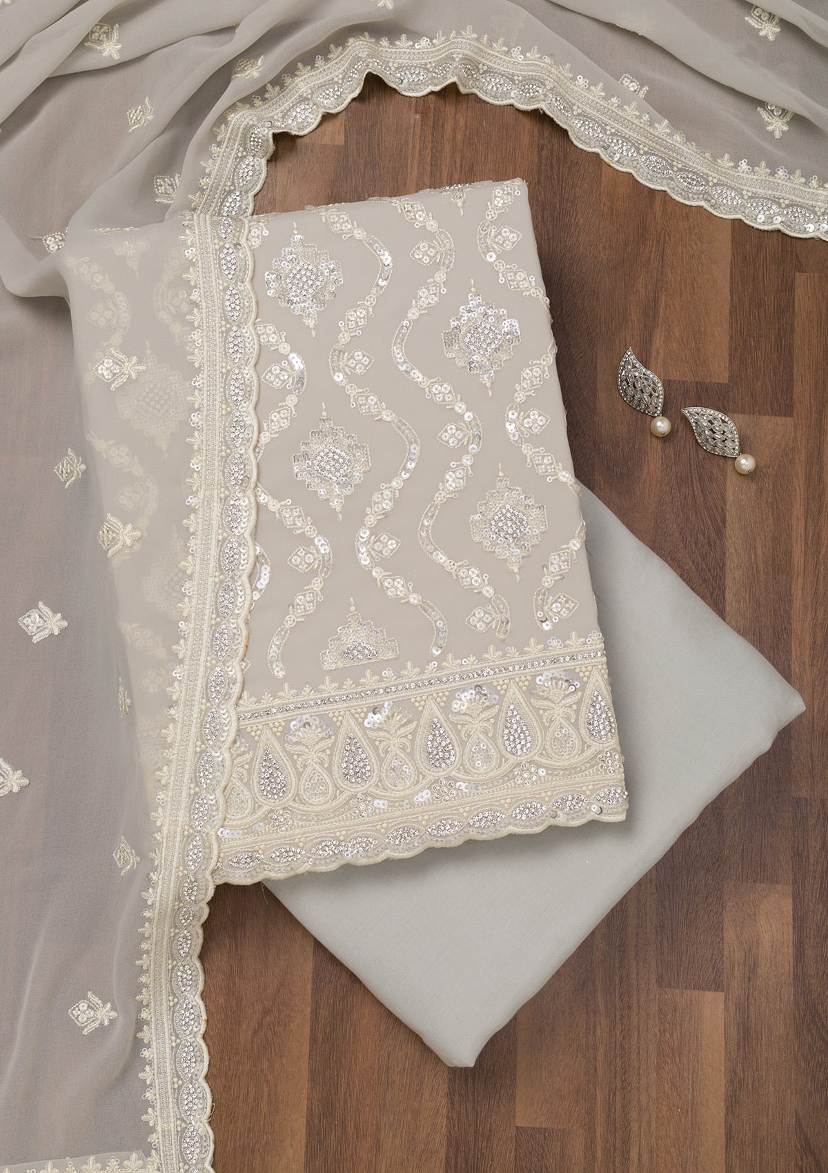 Koskii Light Grey Threadwork Georgette Unstitched Salwar Suit