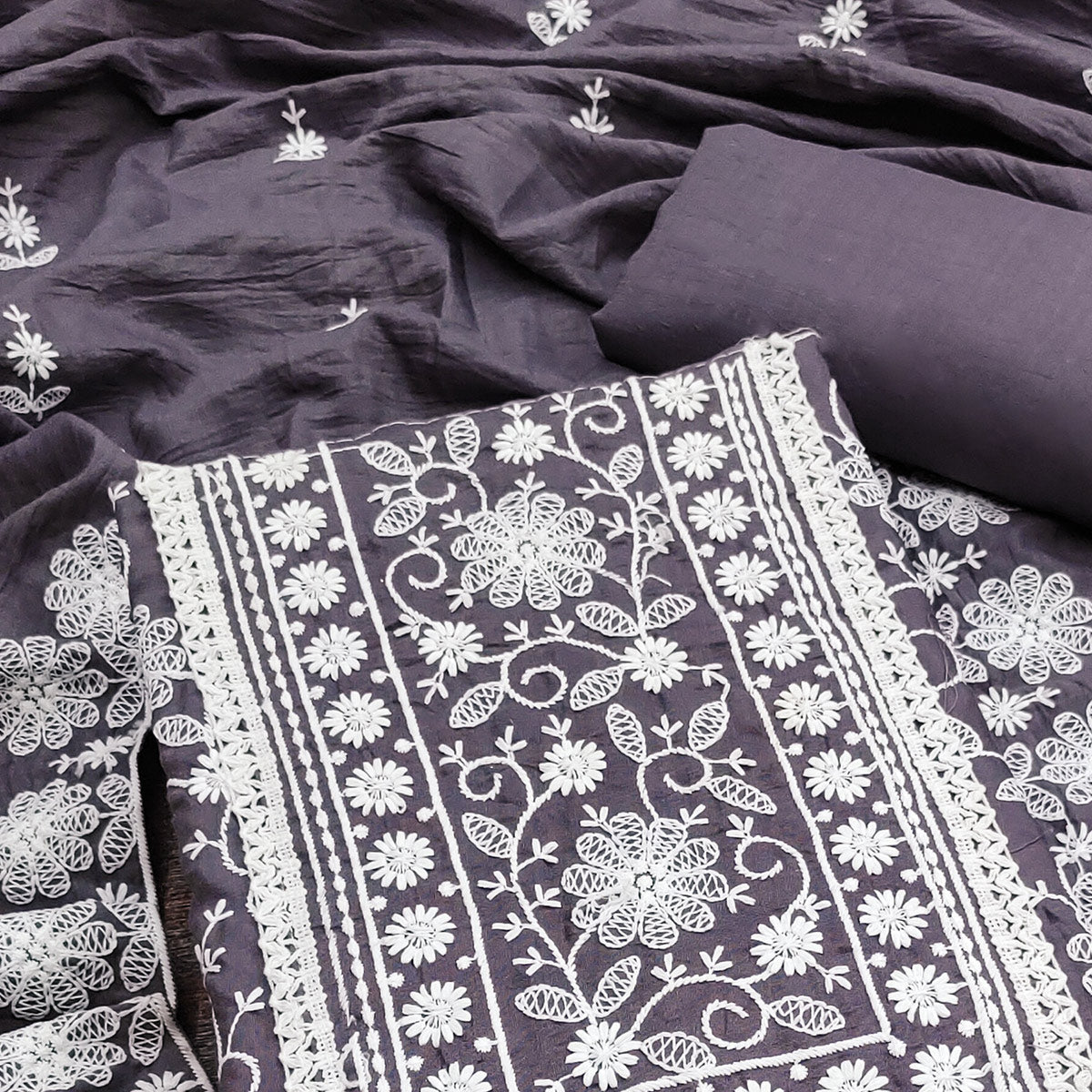 Peachmode Dark Grey Floral Embroidered Art Silk Dress Material - view 2