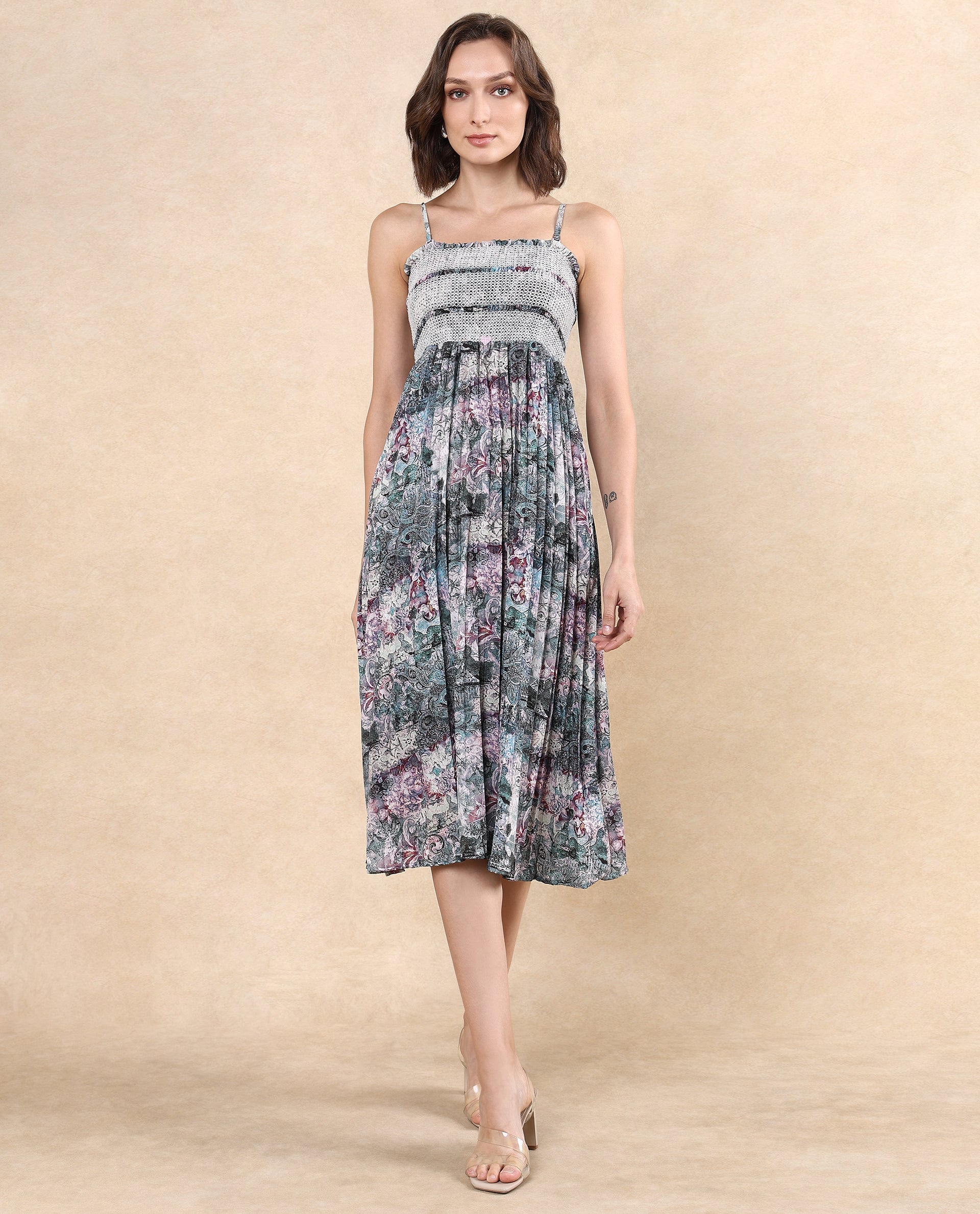 Rareism Women Phanks Multi Polyester Fabric Sleeveless Tube Neck Fit And Flare Midi Abstract Print Dress - view 3