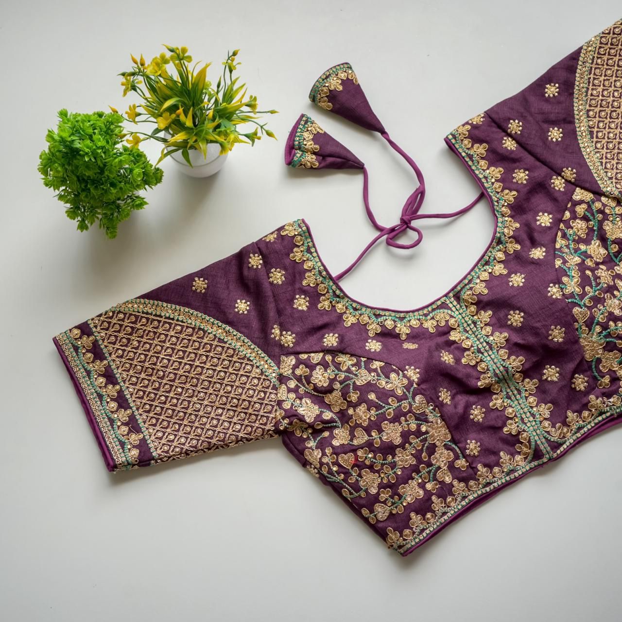 ClothsVilla Purple Mulmul Silk Blouse with Golden Embroidery and Sequins - view 2