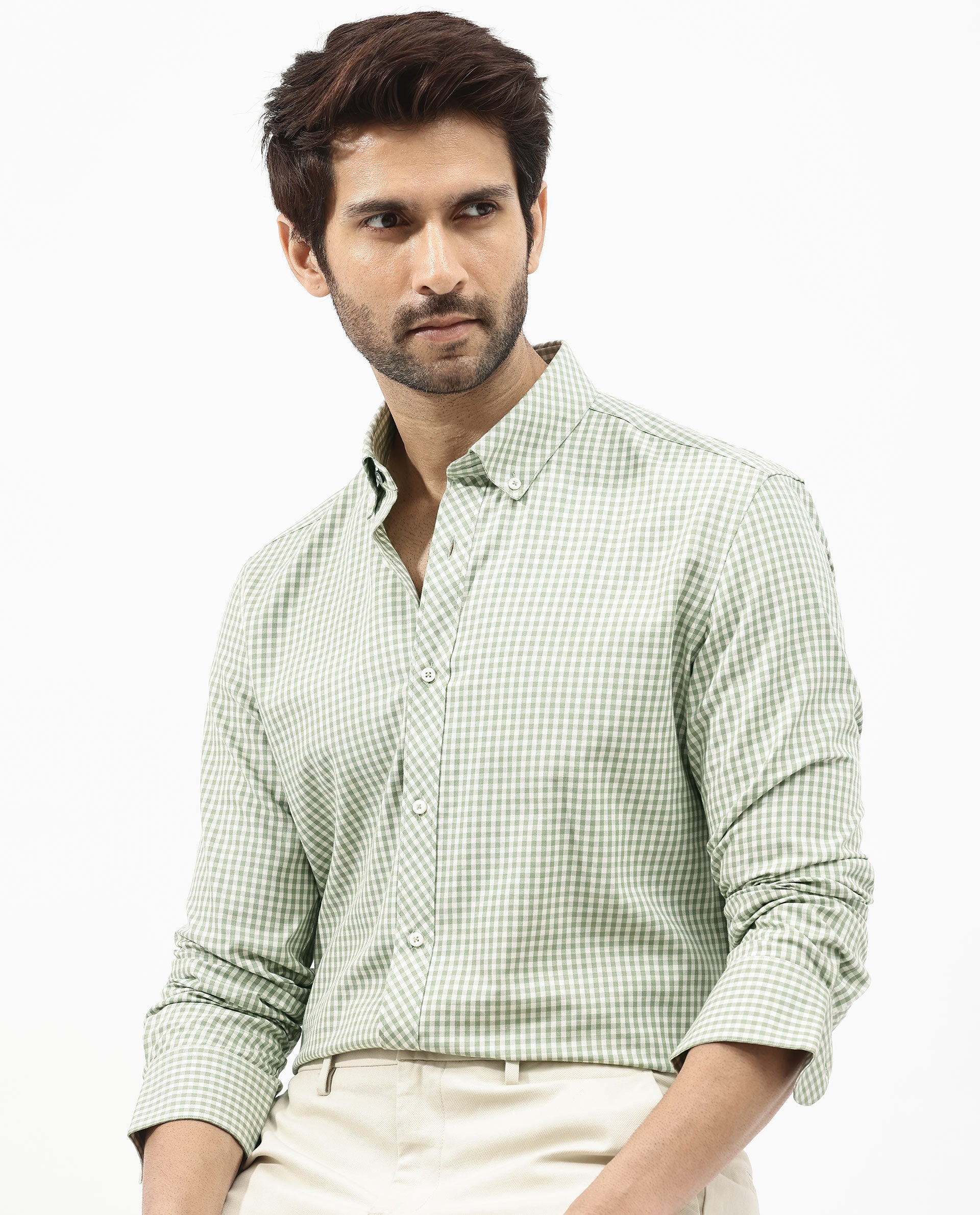 Rare Rabbit Mens Grino Dusky Green Cotton Fabric Full Sleeve Regular Fit Gingham Checks Shirt