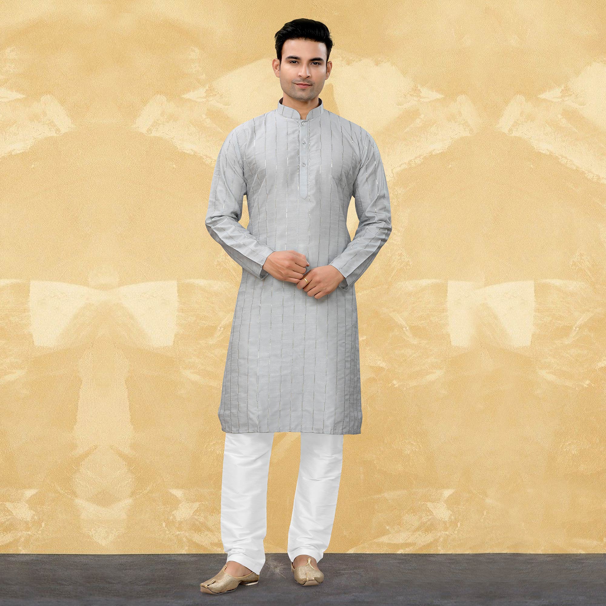 Peachmode Seller Grey Sequins Embroidered Art Silk Kurta Pyjama Set - view 2