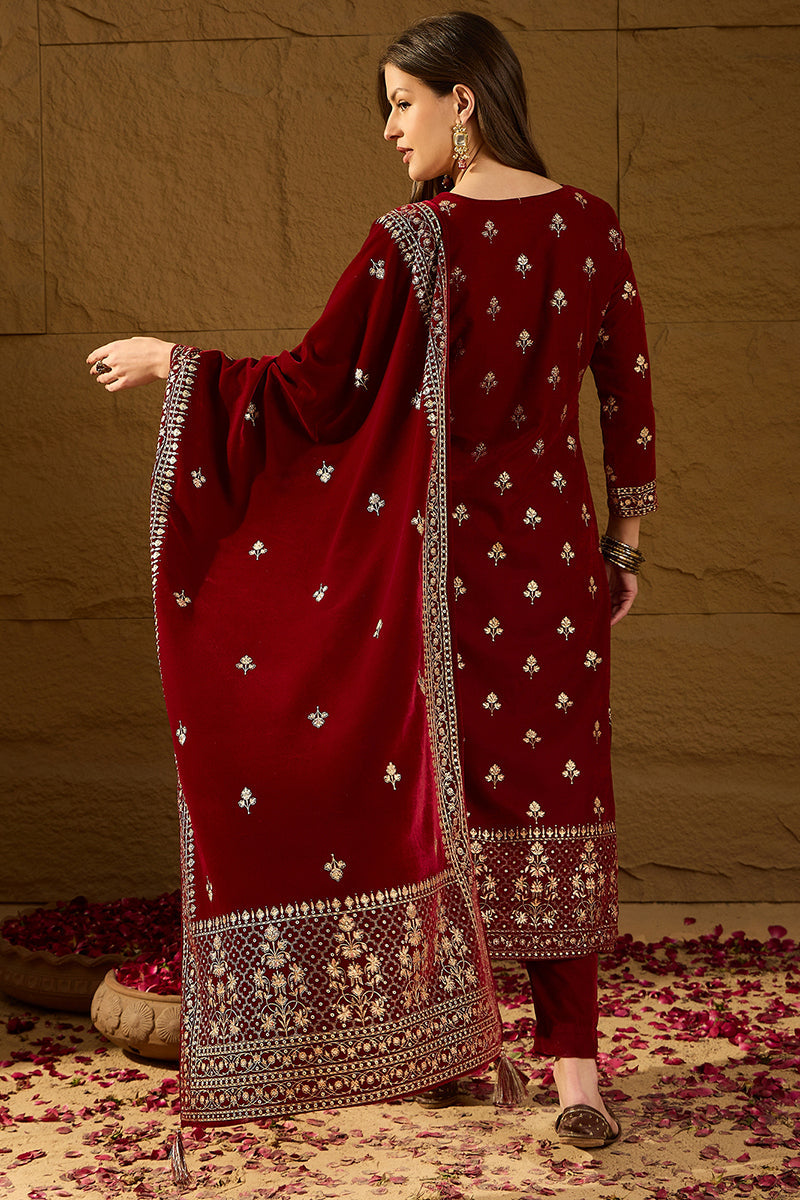 Ahika Maroon Velvet Ethnic Motifs Printed Straight Trousers Suit Set PKSKD2881 - view 4