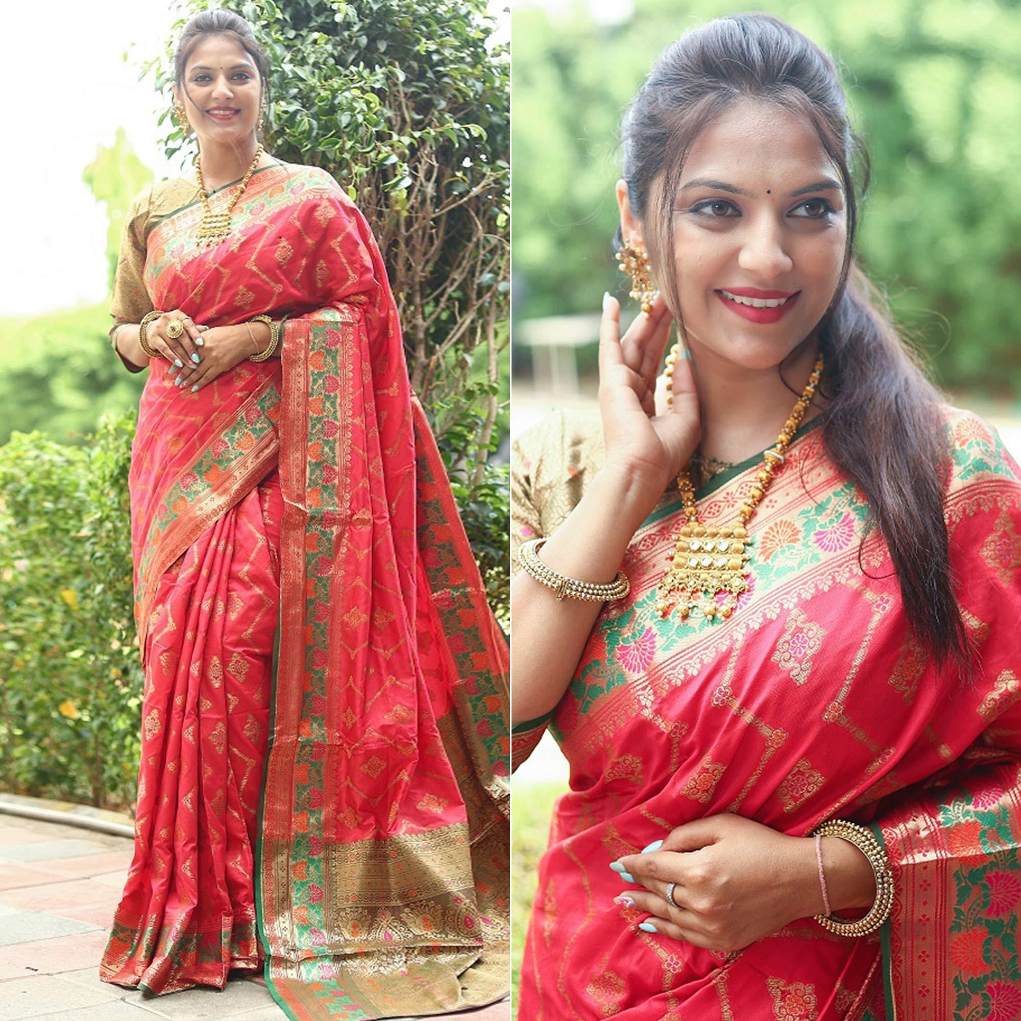 Peachmode Gajari Pink Woven Art Silk Saree – Women's