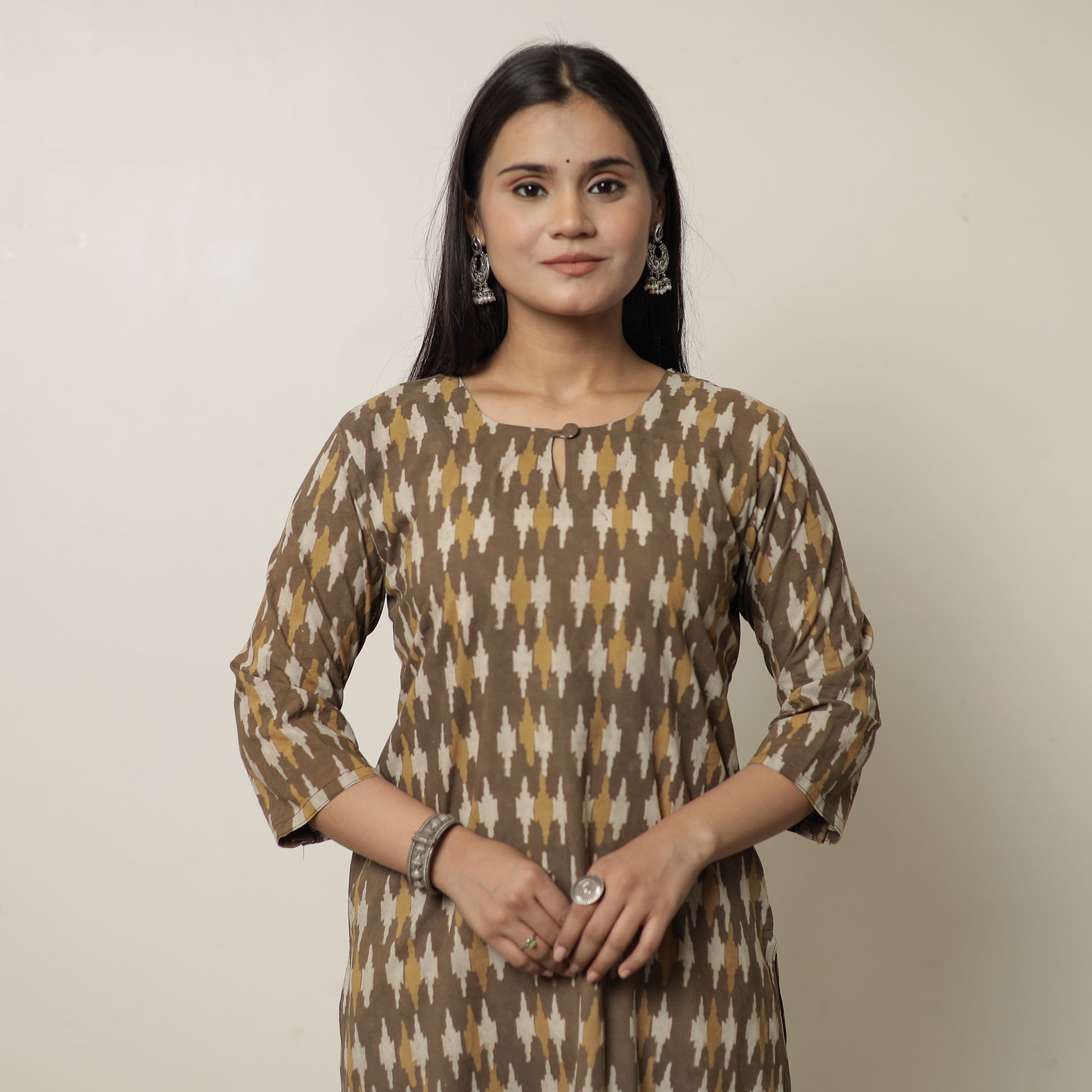 ITOKRI CASUALS Brown - Akola Hand Block Printed Cotton Long Straight Kurta 38
