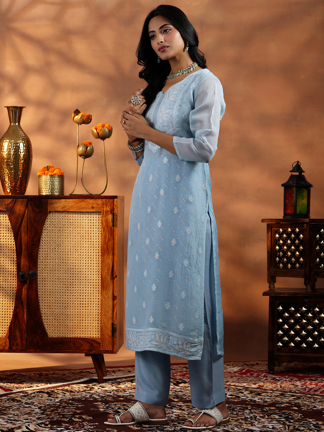 Libas Blue Embroidered Organza Straight Suit With Dupatta - view 2