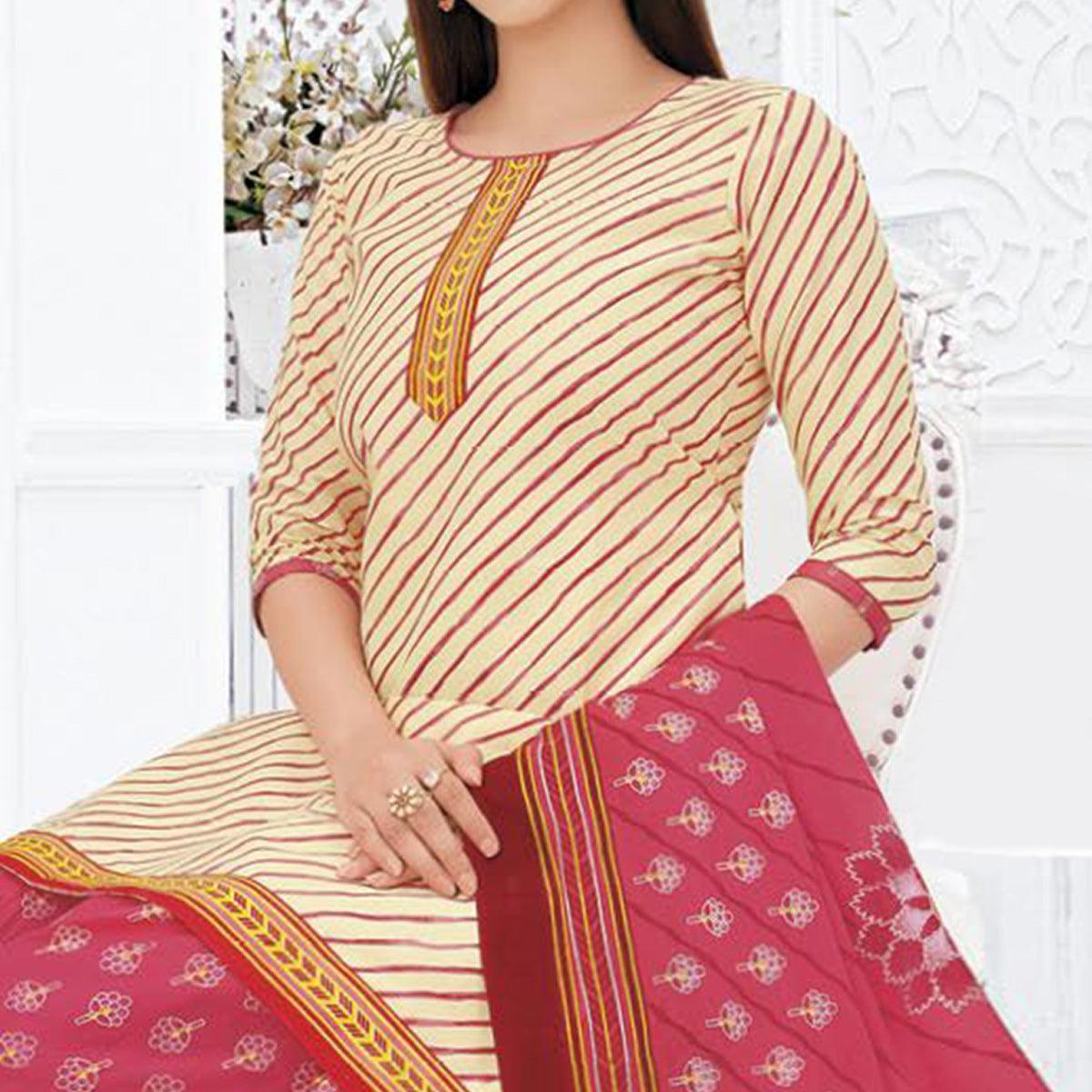 Peachmode Cream Printed Pure Cotton Stitched Patiala Suit - view 2