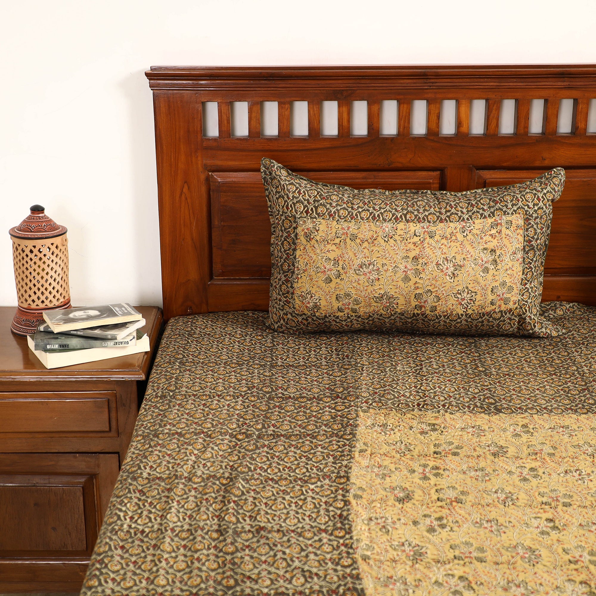 NOORI BAZAR Brown - Kalamkari Block Printed Patchwork Cotton Double Bed Cover With Pillow Covers (108 x 90 in) - view 4