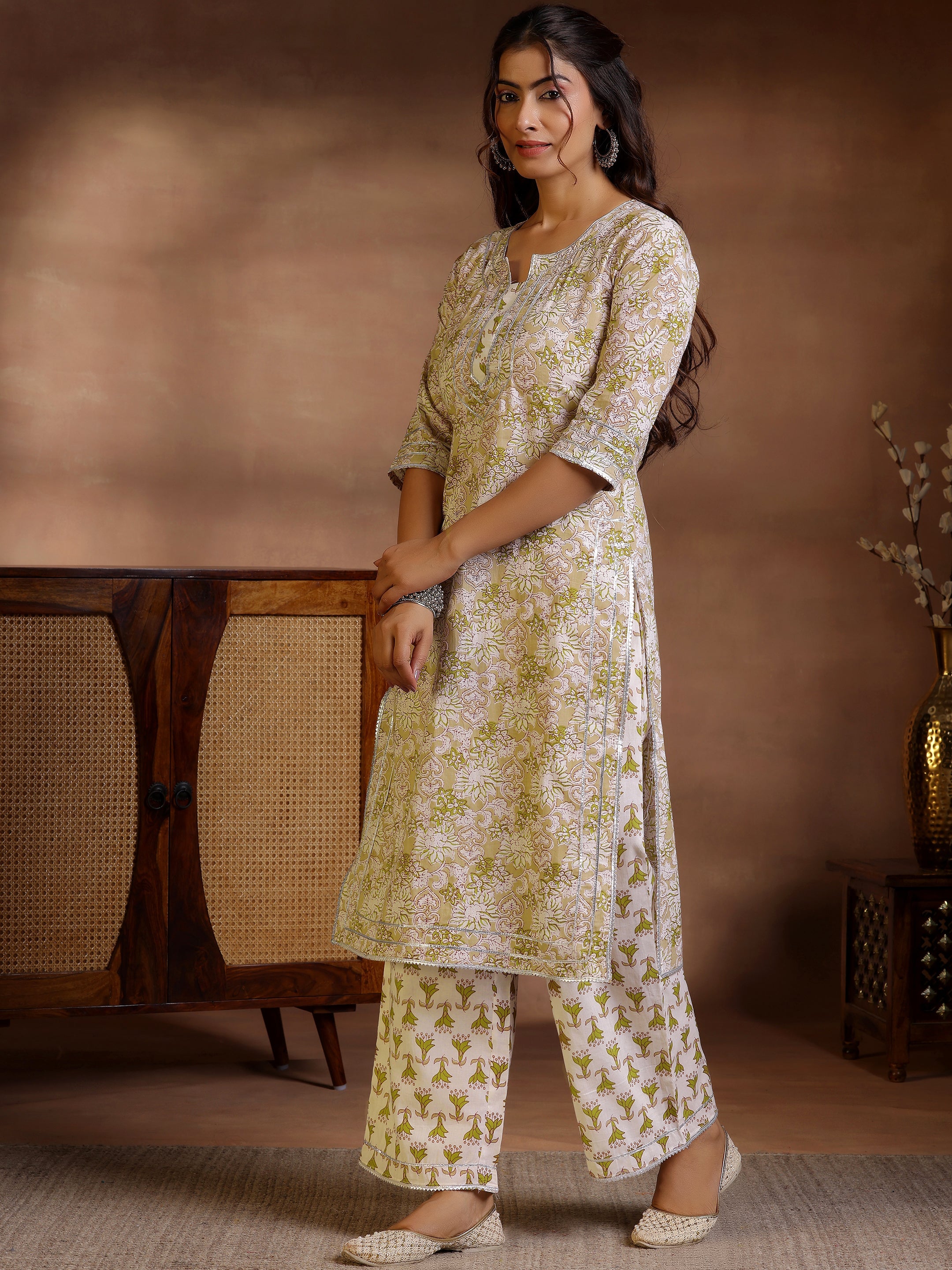 Libas Beige Printed Cotton Straight Suit With Dupatta - view 2