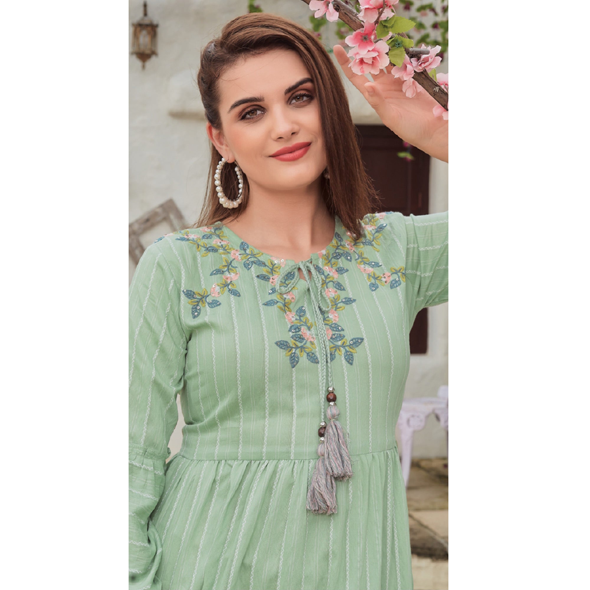 BlackTree green-floral-embroidered-rayon-dress - view 4