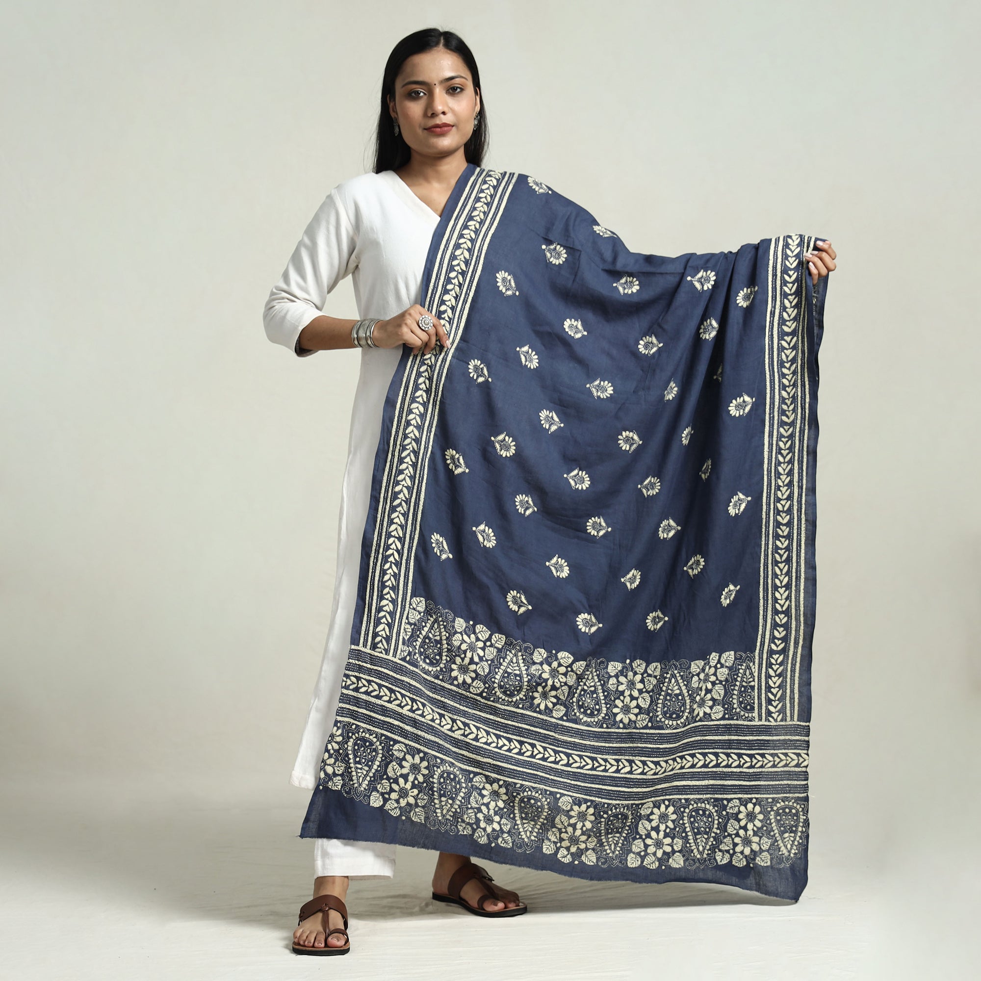 KHUSHBASH - HAPPY LOOM OF EAST Blue - Bolpur Kantha Embroidery Cotton Handloom Dupatta with Tassels