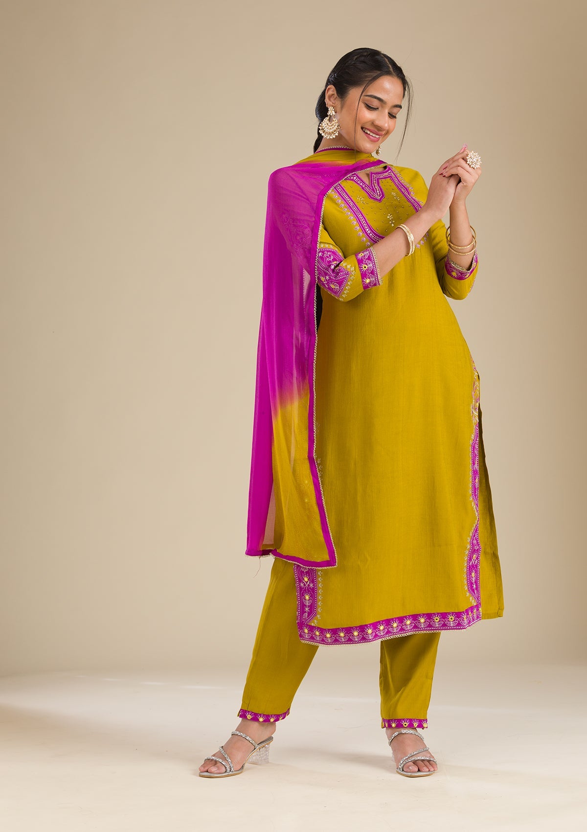 Koskii Mehendi Threadwork Chiffon Readymade Salwar Suit