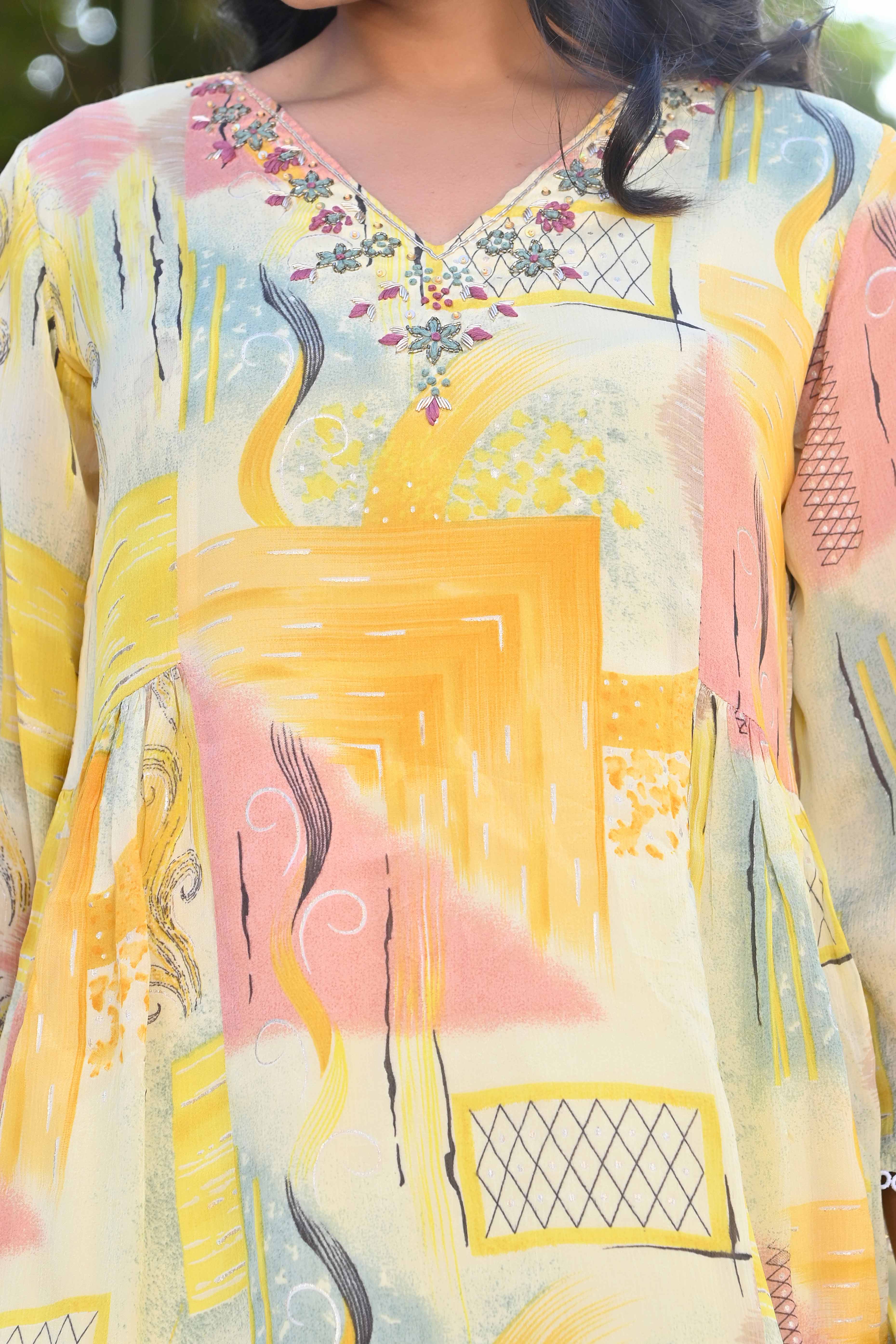 Peachmode Cream & Yellow Printed With Embroidered Pure Chinon A-Line Co-Ord Set - view 2