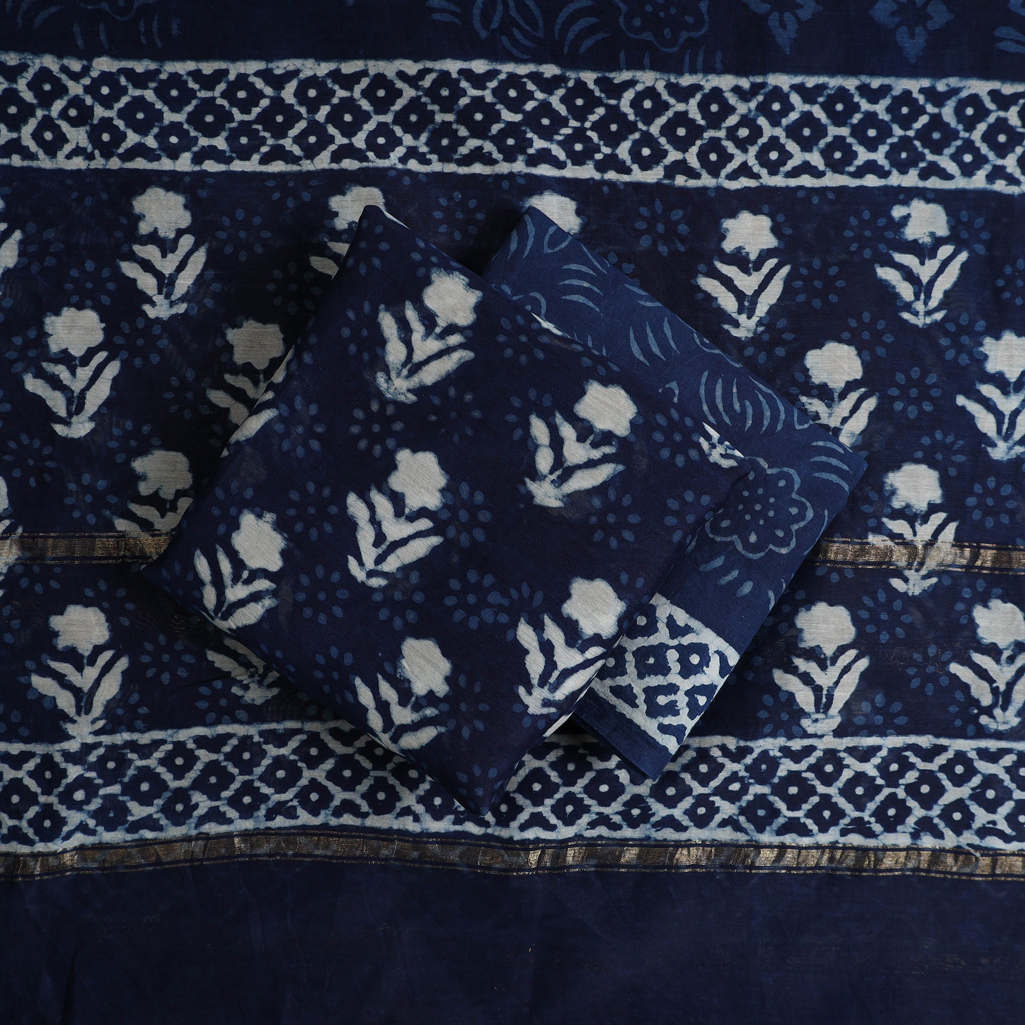 ARTISAN HAND BLOCK PRINTS Blue - 3pc Chanderi Silk Indigo Bagru Print Dress Material 08 - view 2