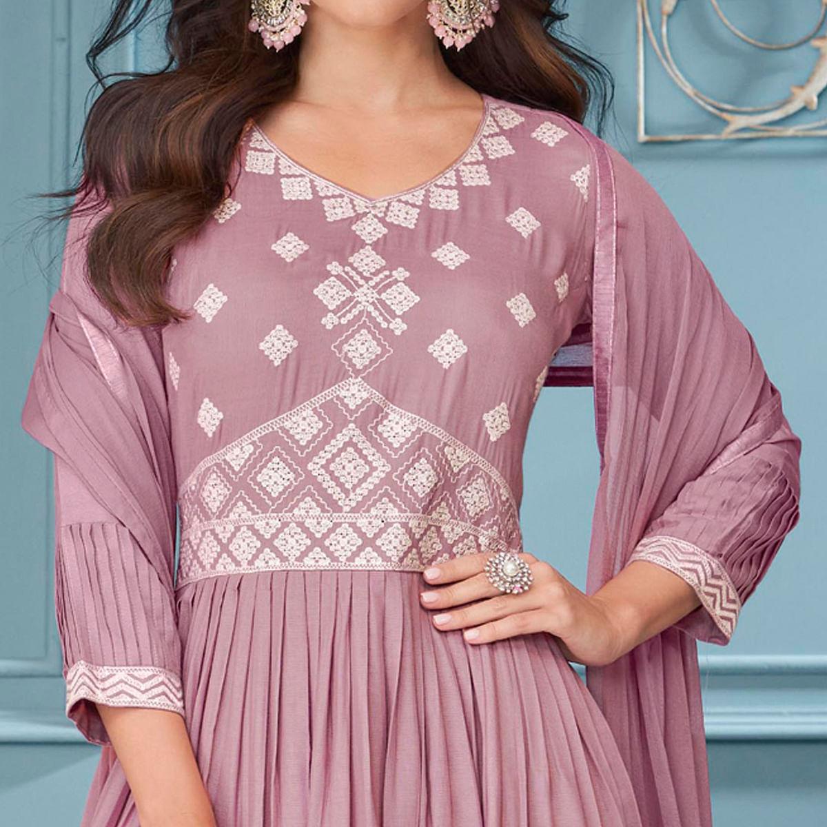 Peachmode Seller Mauve Embroidered Rayon Sharara Suit - view 4