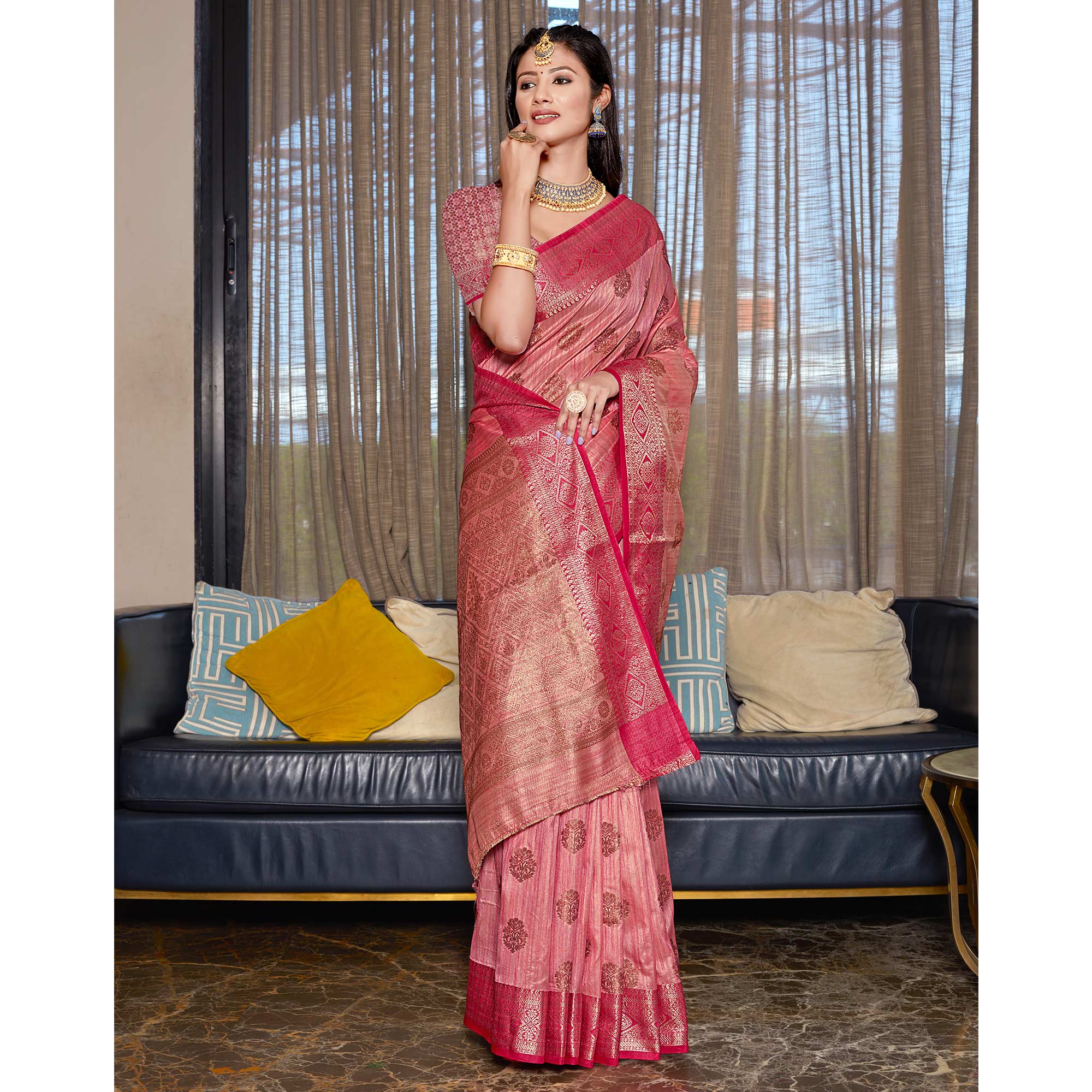 Peachmode Gajari Pink Floral Woven Cotton Blend Saree - view 4